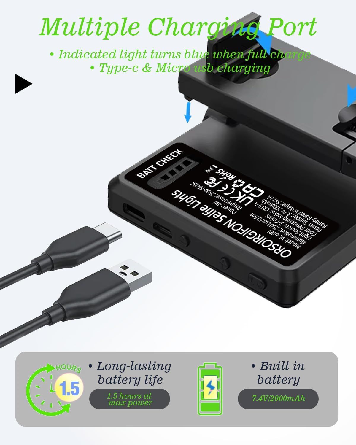 Communicates multiple key benefits of the product including its charging versatility (Type-C & Micro USB), battery longevity (1.5 hours at max power), and built-in battery capacity (7.4V/2000mAh) to…