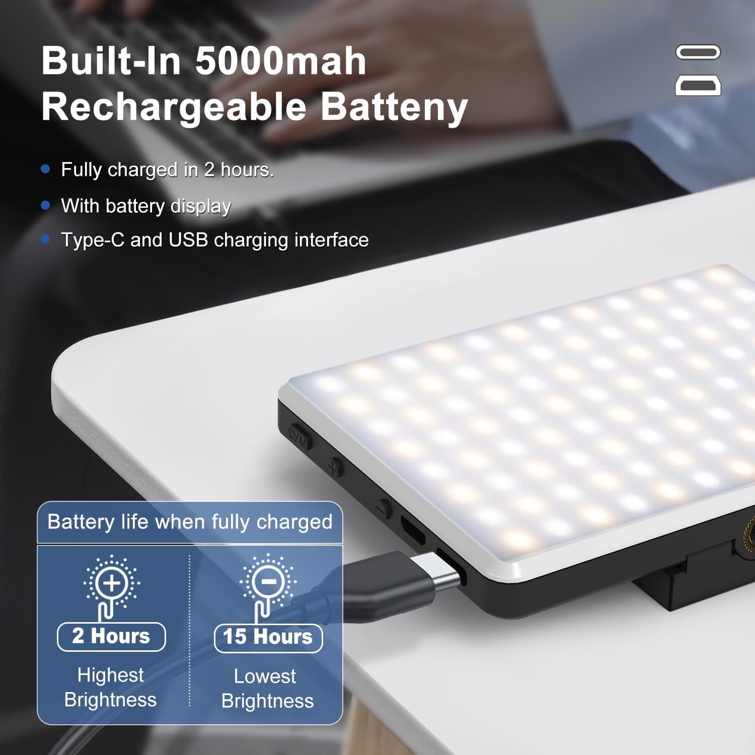 Communicates the product's battery capacity and performance metrics to reassure shoppers about long-lasting power and quick charging capability. Highlights multiple distinct benefits of the…