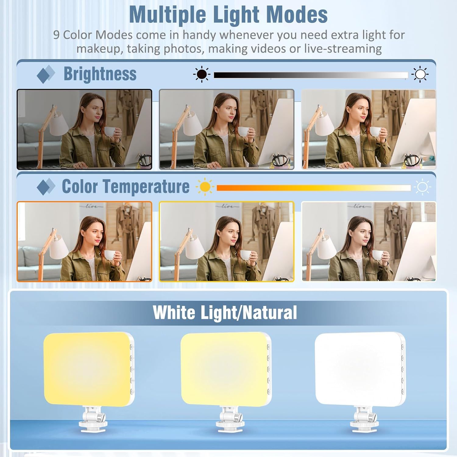 Demonstrates the product's versatile lighting capabilities with adjustable brightness levels, color temperature options, and multiple color modes to reassure shoppers that the light can be…