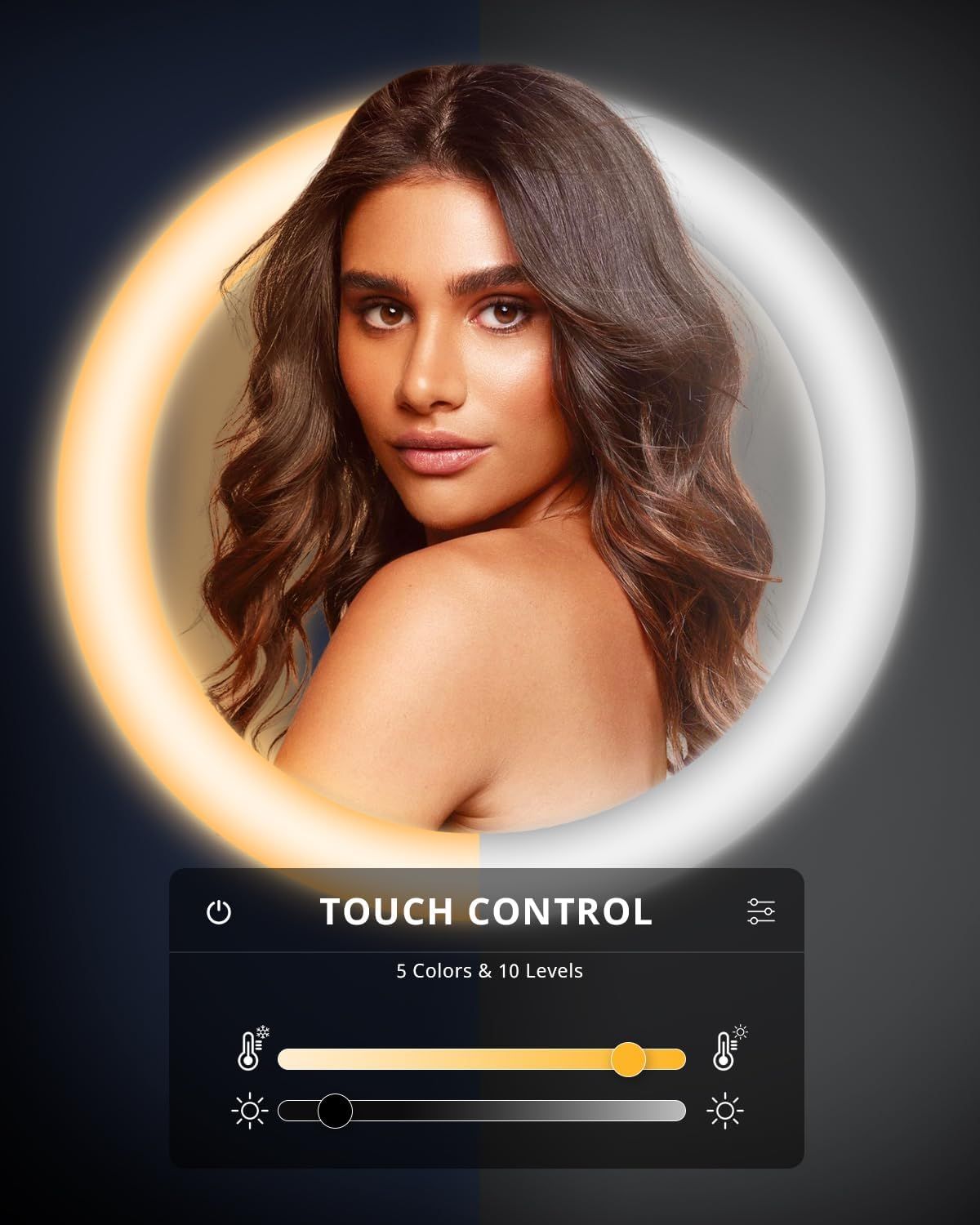 Demonstrates the ring light's touch control interface with adjustable color temperature and brightness settings, reassuring shoppers of easy customization for…