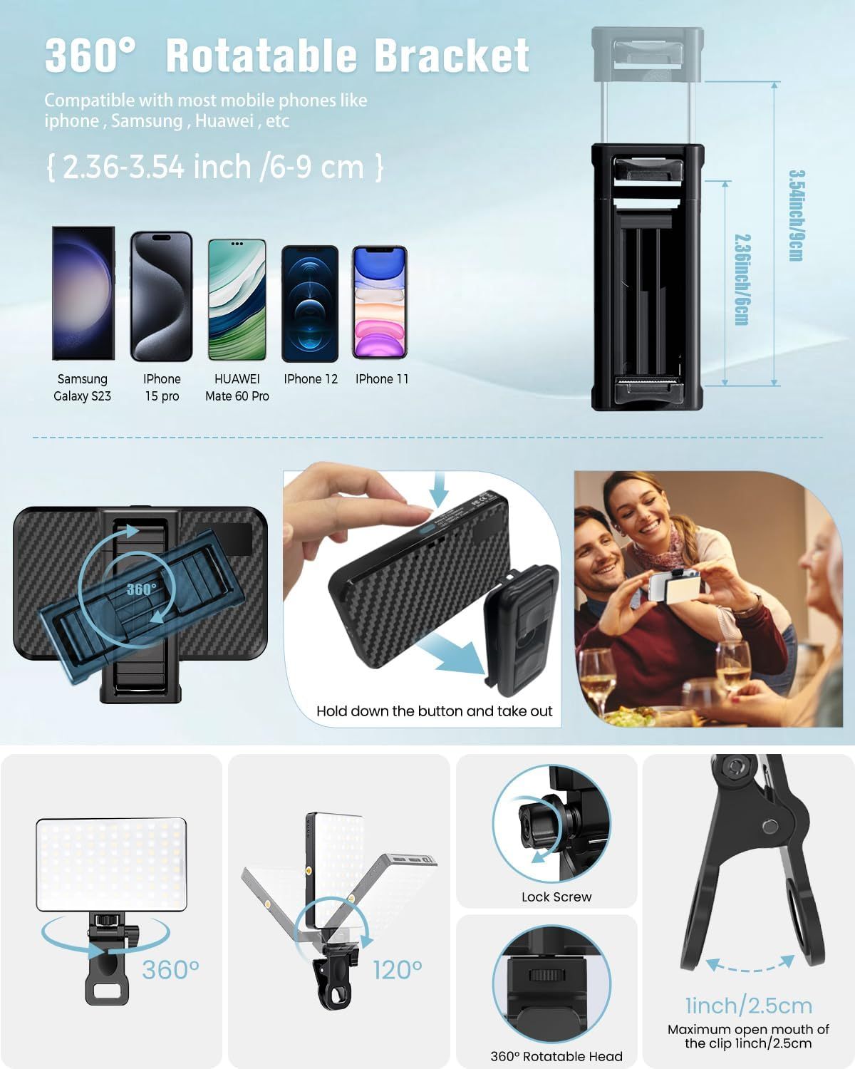 Demonstrates the bracket's versatility by showing compatibility with various phone brands and models, multiple rotation capabilities, and different use cases including photography, video calls, and…