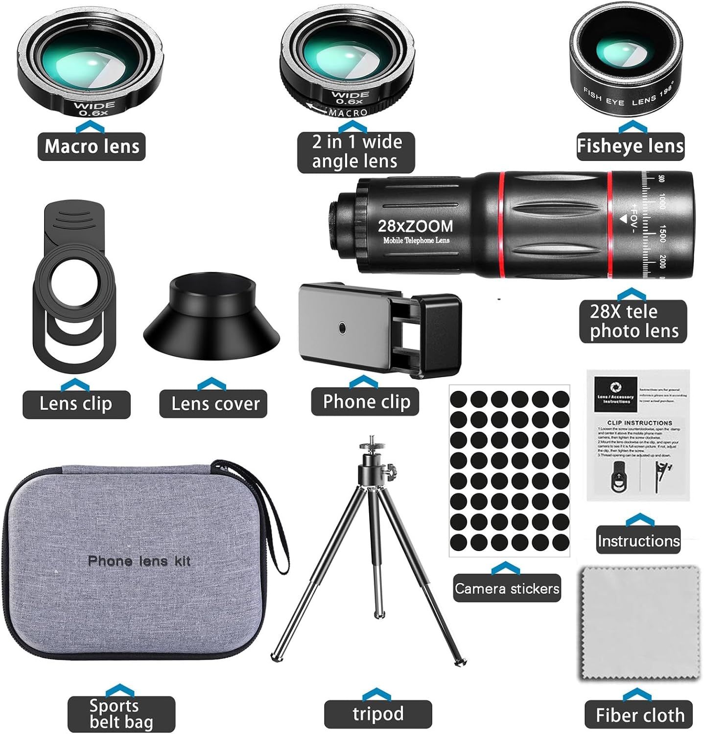 Shows all the items included in the phone lens kit purchase, helping shoppers understand the complete value and contents of the bundle.
