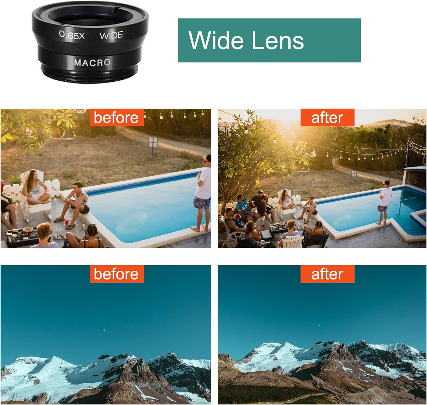 Demonstrates the visual transformation achieved by using the wide lens attachment, showing how it captures a broader field of view and more scene detail compared to standard photography.