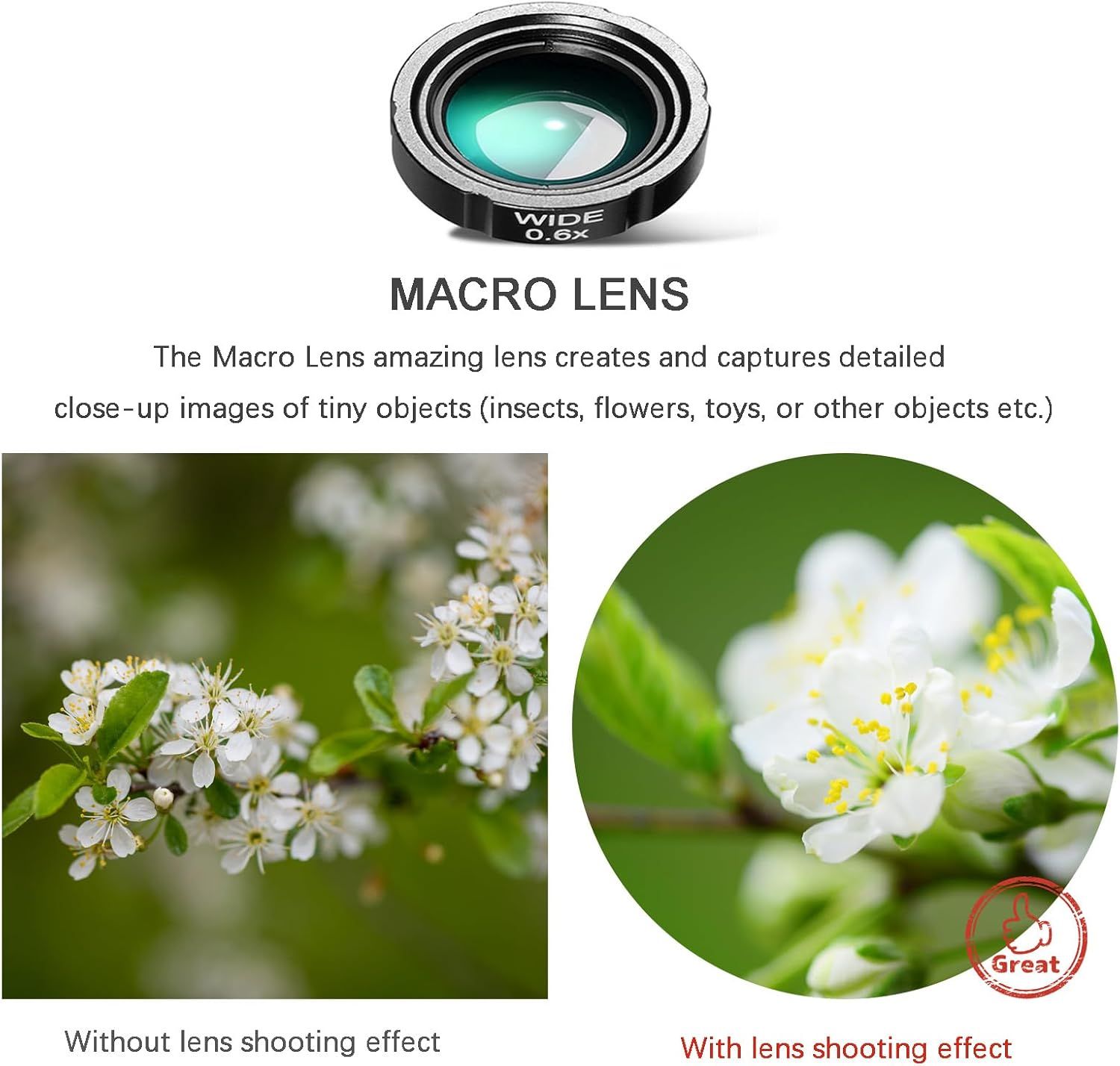 Demonstrates the transformation and enhanced detail achieved when using the macro lens attachment, showing shoppers the clear visual improvement in close-up photography quality.