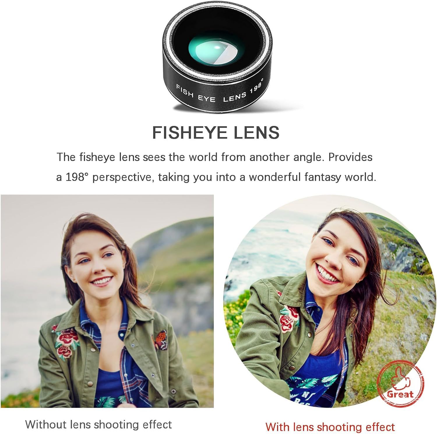 Demonstrates the visual transformation achieved by using the fisheye lens, showing the difference between a standard photo and the wide-angle, distorted effect the lens creates. Highlights the…