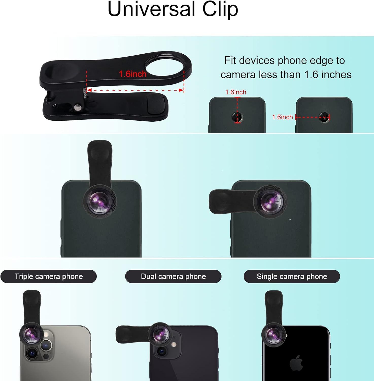 Demonstrates that the universal clip accessory works with multiple phone types (triple, dual, and single camera phones) and fits devices with camera edges less than 1.6 inches, reassuring shoppers…