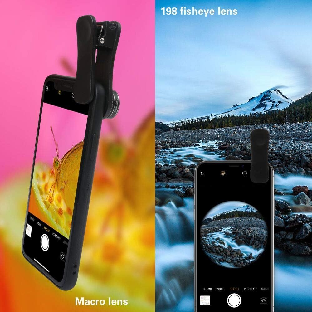 Demonstrates the two distinct lens capabilities of the phone accessory—fisheye for wide-angle landscape photography and macro for extreme close-up detail—showing shoppers the versatility and…