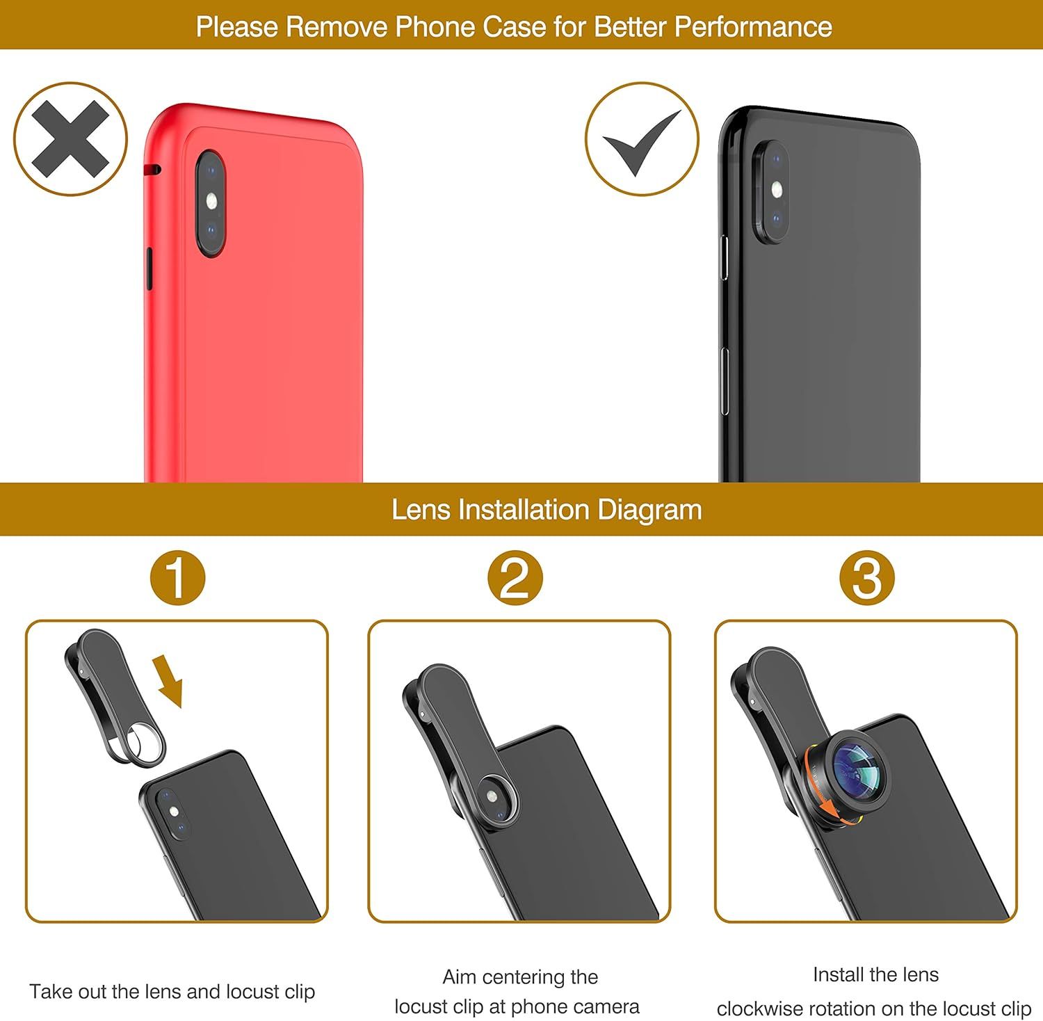 Provides step-by-step visual instructions on how to properly install a camera lens accessory on a smartphone, including removing the phone case for better performance.
