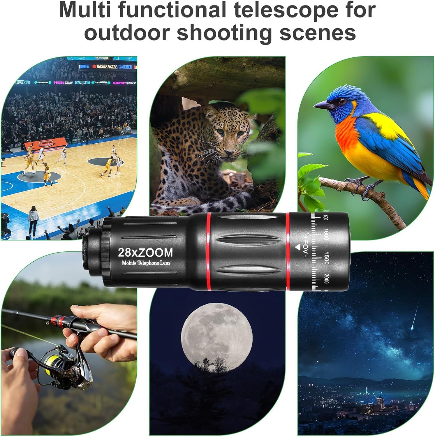 Demonstrates the versatility of the telescope lens by showing it can be used across multiple scenarios including sports photography, wildlife observation, bird watching, fishing, and astronomy.
