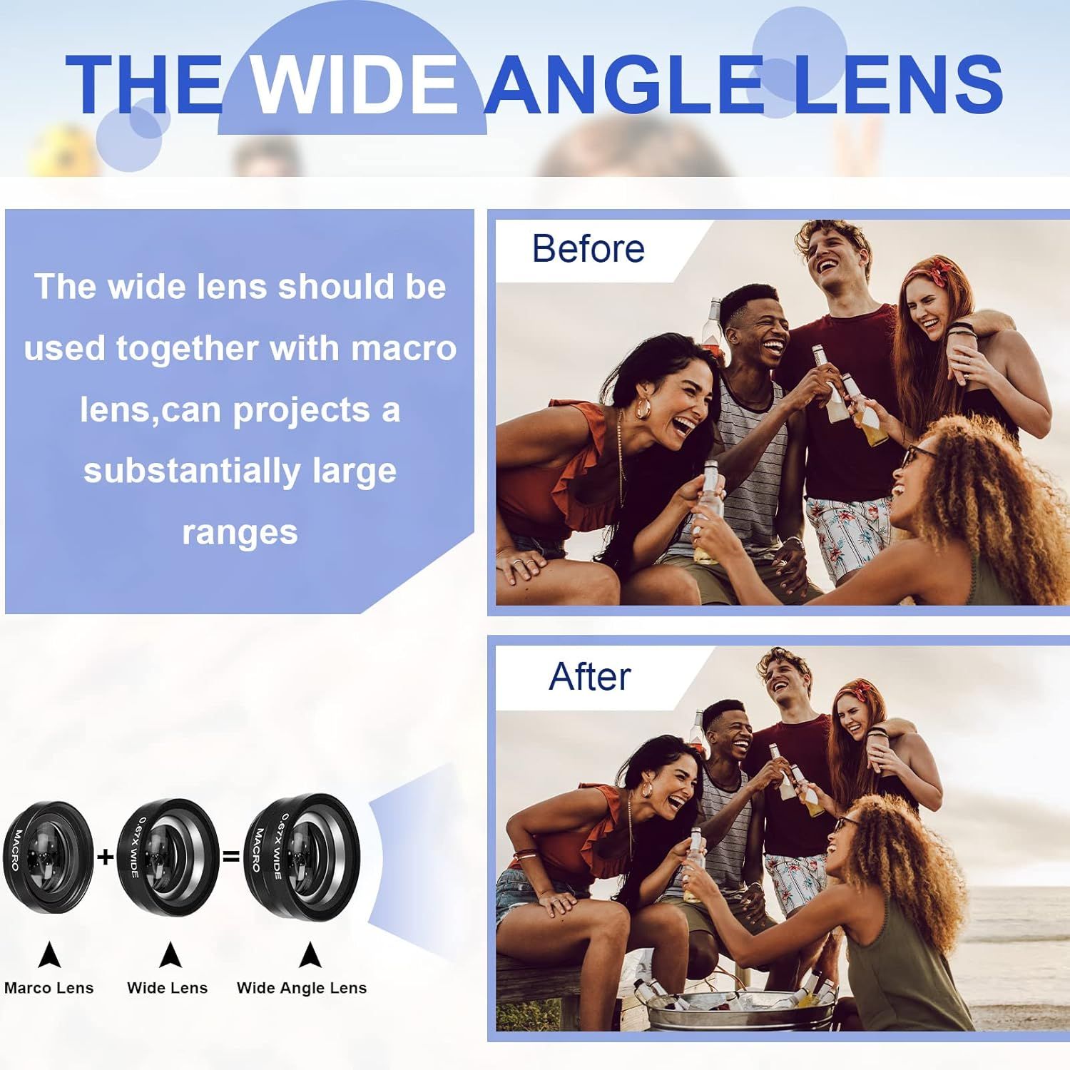 Demonstrates the visual transformation achieved by using the wide angle lens attachment, showing how it captures a substantially larger range and fits more people/scene into the frame. Explains how…