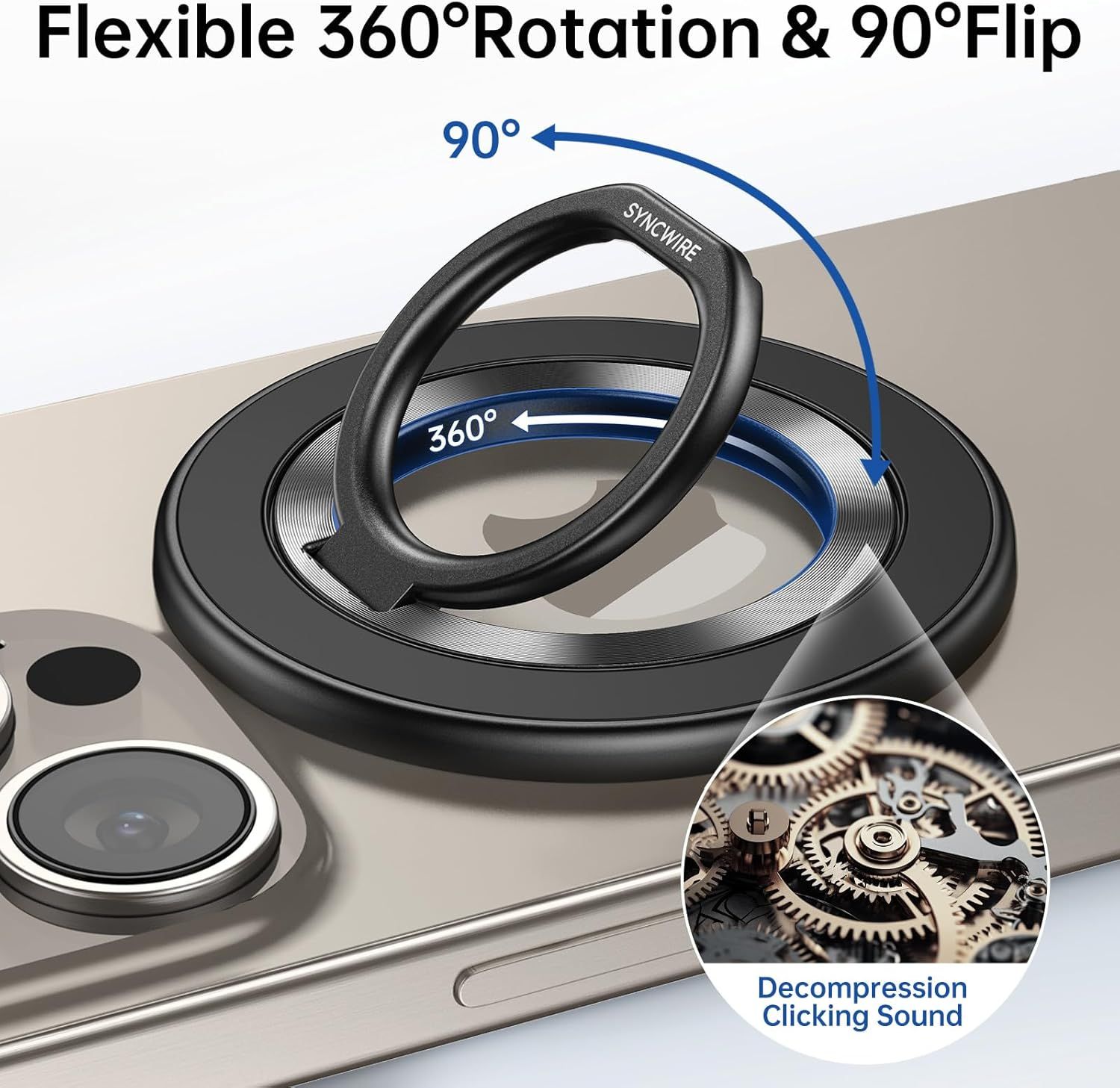 Highlights the physical components and mechanical features of the phone ring holder, showing how it rotates 360 degrees and flips 90 degrees, plus the internal gear mechanism that creates a clicking…