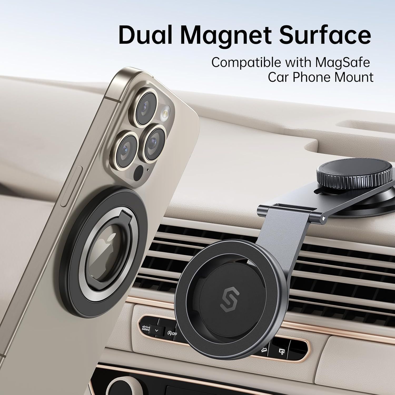 Demonstrates the product's compatibility with MagSafe car phone mounts, showing shoppers how the dual magnet surface enables secure magnetic mounting in vehicles. Communicates compatibility with…