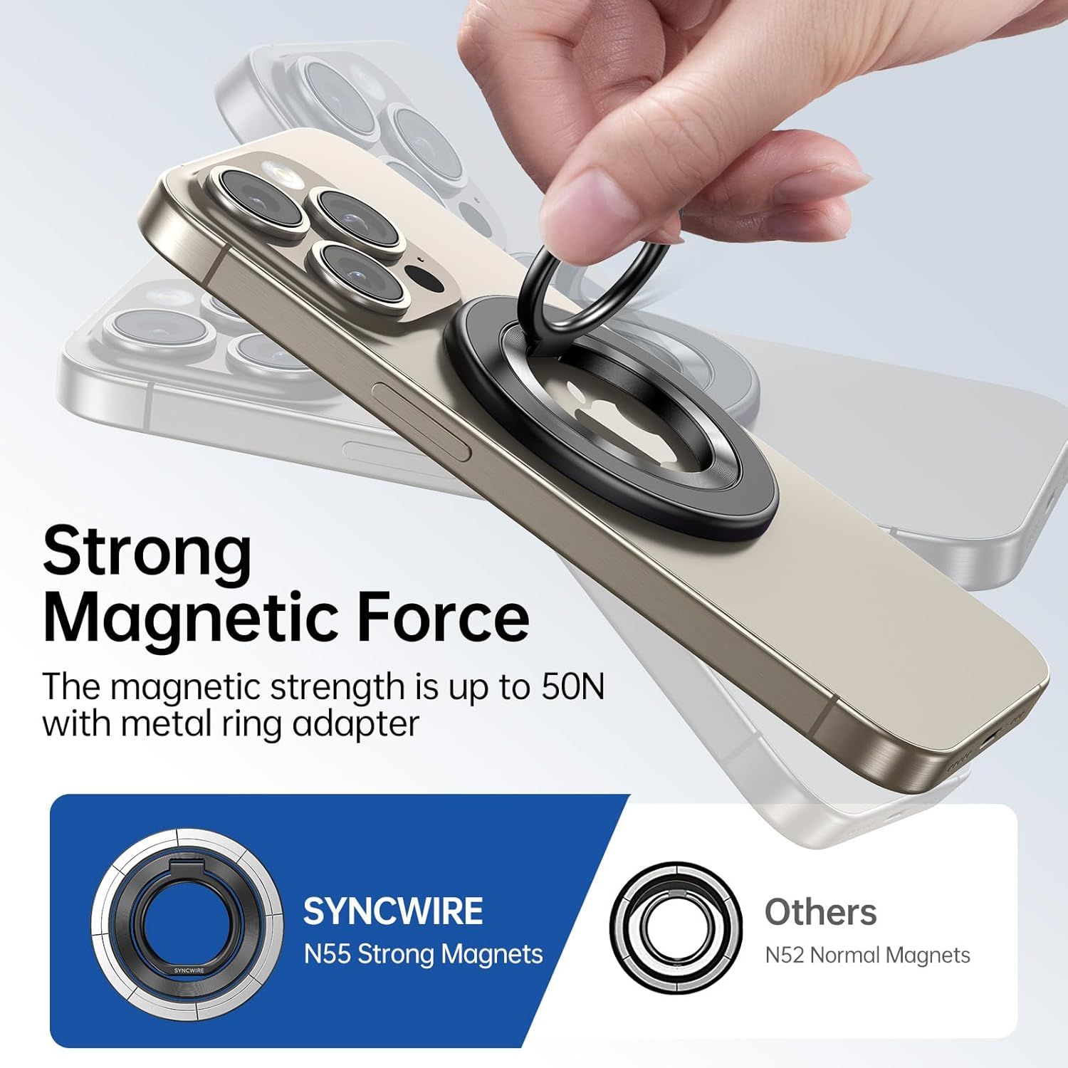 Communicates the product's superior magnetic strength (50N) to reassure shoppers that the phone mount or accessory will hold securely and reliably. Demonstrates the brand's use of stronger N55…