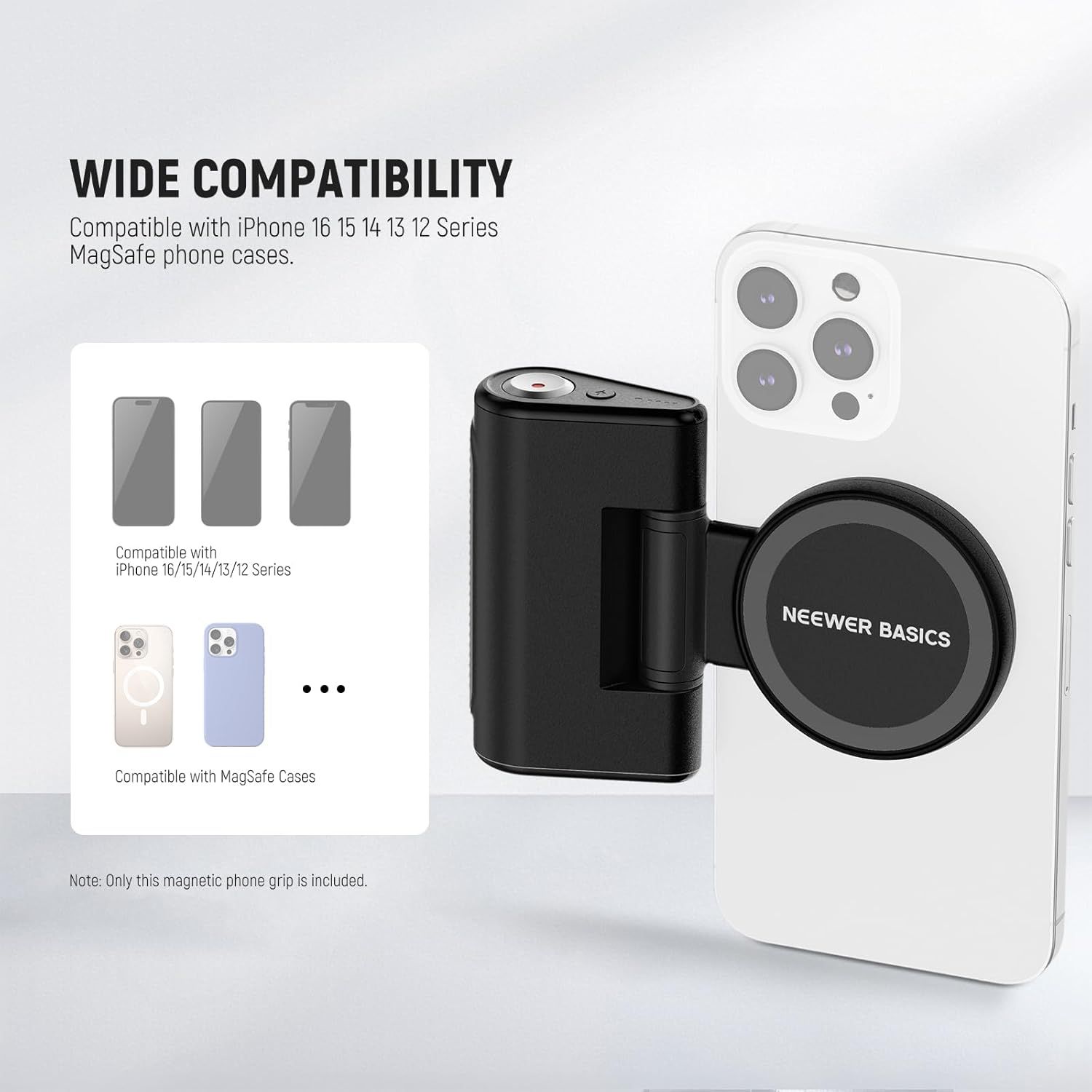 Demonstrates the product's compatibility with multiple iPhone models (16, 15, 14, 13, 12 Series) and MagSafe cases to reassure shoppers it will work with their device.