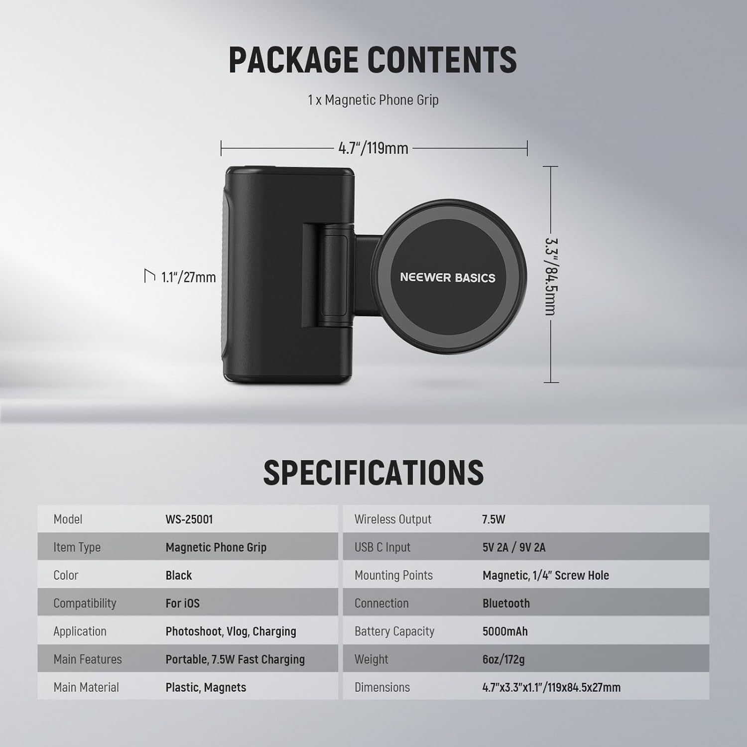 Communicates the exact physical size and weight of the magnetic phone grip with dimensional arrows and measurements, helping shoppers understand how compact and portable the product is. Shows what…