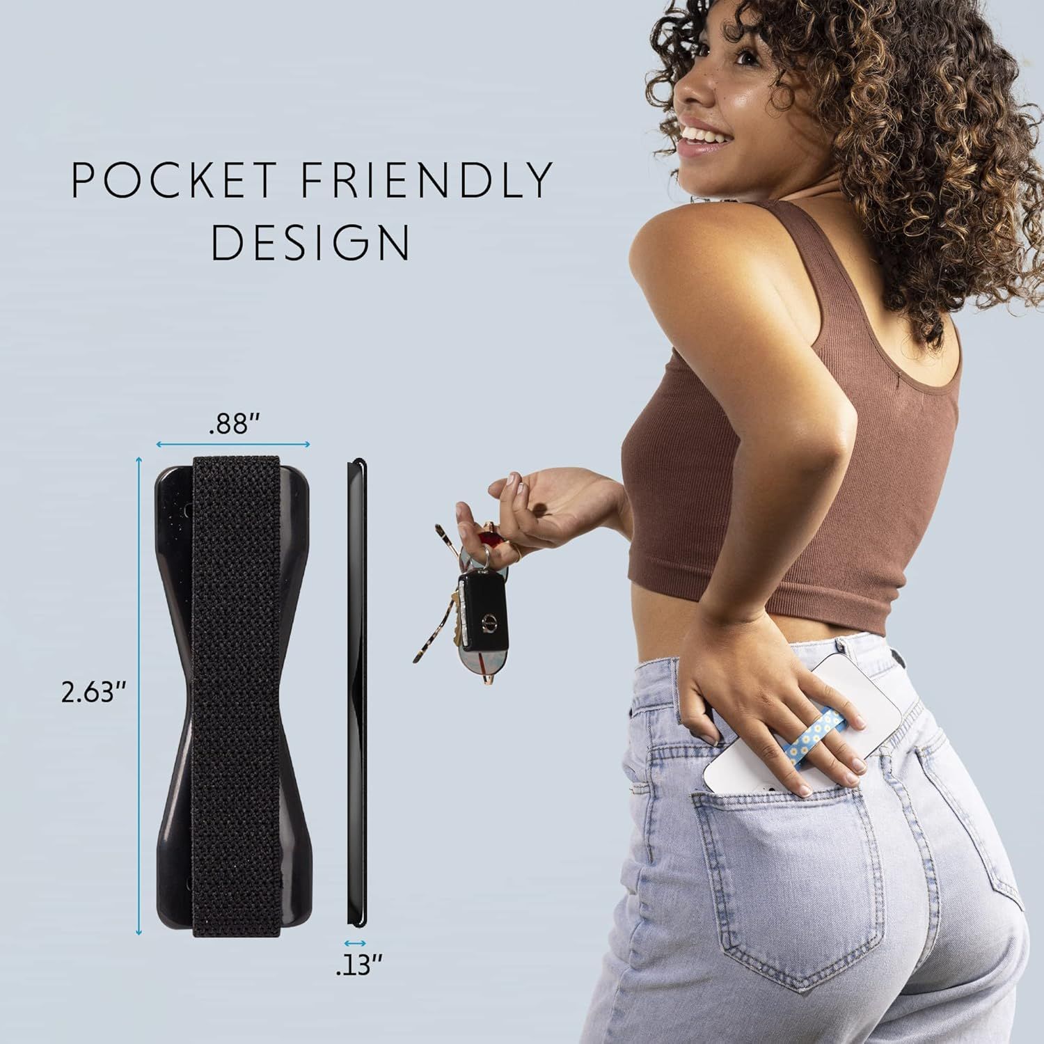 Demonstrates the product's compact physical dimensions (2.63" x .88" x .13") and shows it fits easily in a pocket, reassuring shoppers about its portability and convenience. Communicates the key…