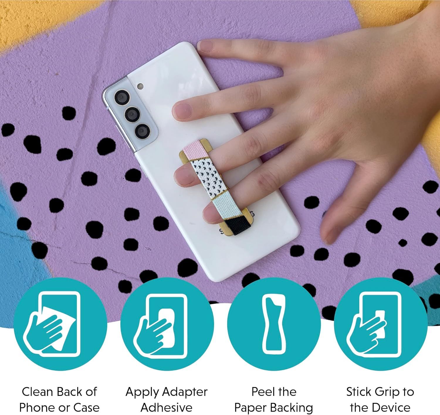 This image provides step-by-step instructions on how to install and apply the phone grip accessory, reassuring shoppers that setup is simple and straightforward.