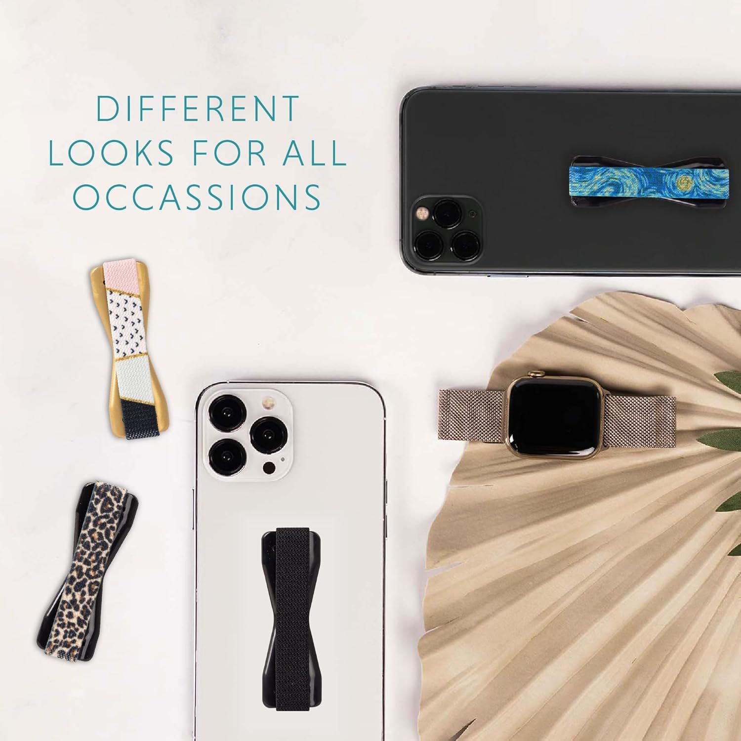 Showcases the brand's product portfolio of phone grips and watch bands in multiple designs and patterns, helping shoppers understand the variety of style options available for different occasions.