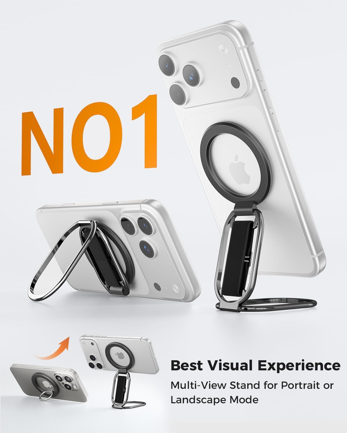 Demonstrates how the phone case's built-in stand can be adjusted and used in multiple orientations (portrait and landscape) for hands-free viewing. Highlights the case's adjustable kickstand feature…