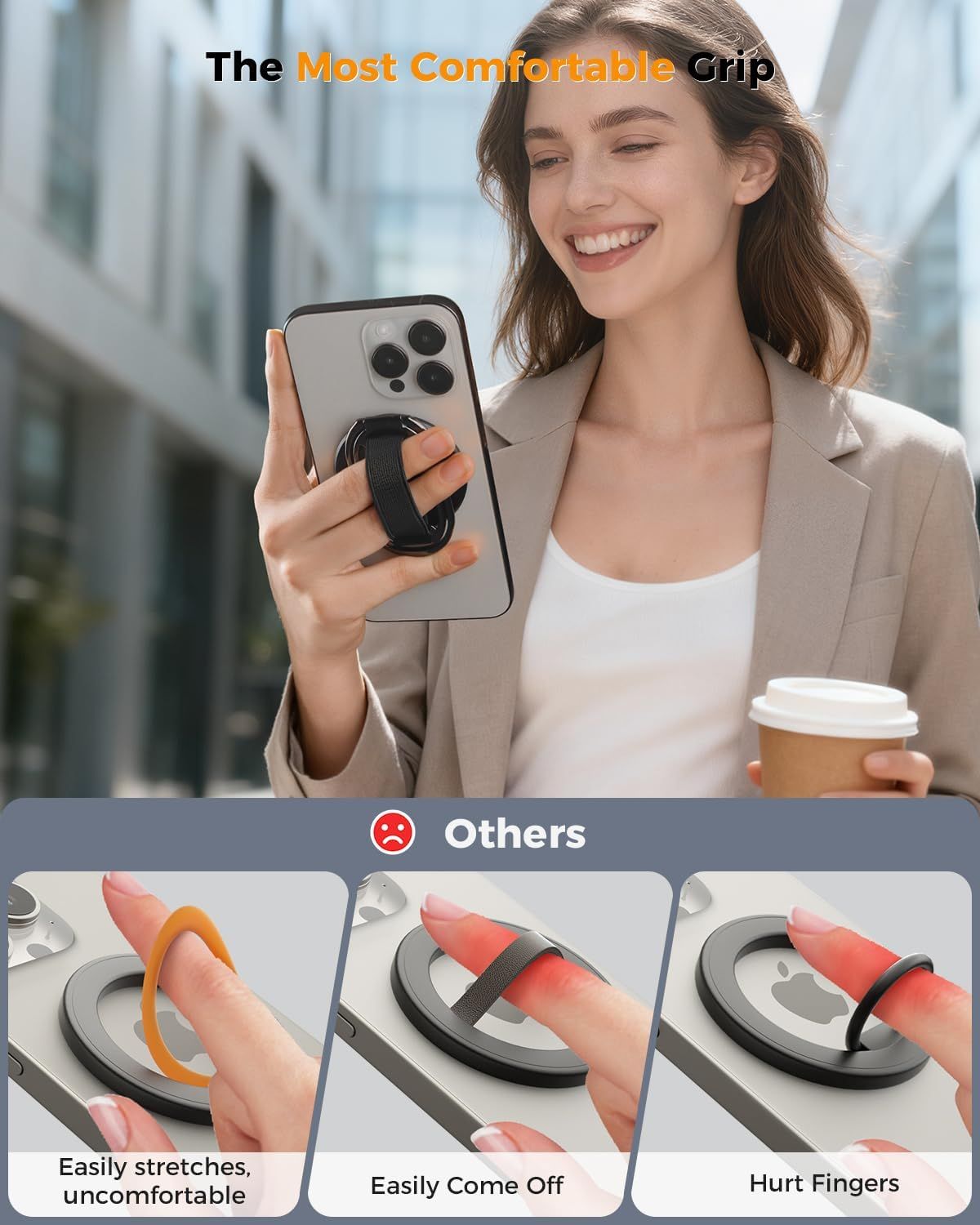Demonstrates that this phone grip is more comfortable and safer for fingers compared to competing products, which either stretch uncomfortably, come off easily, or hurt fingers. Highlights the…
