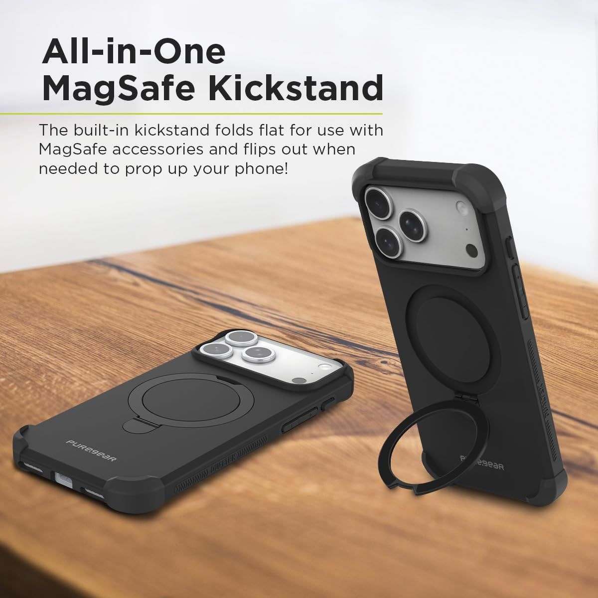 Highlights the built-in kickstand feature that folds flat for MagSafe compatibility and flips out to prop up the phone, emphasizing convenience and versatility.