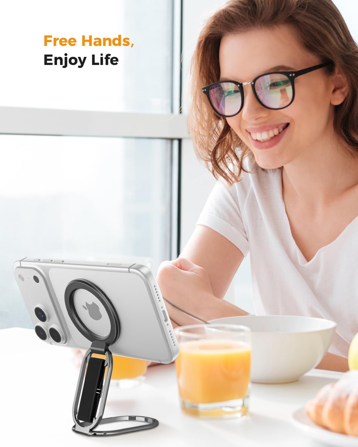 Communicates the hands-free benefit of the phone stand, allowing users to enjoy everyday activities like eating or relaxing without holding their device.
