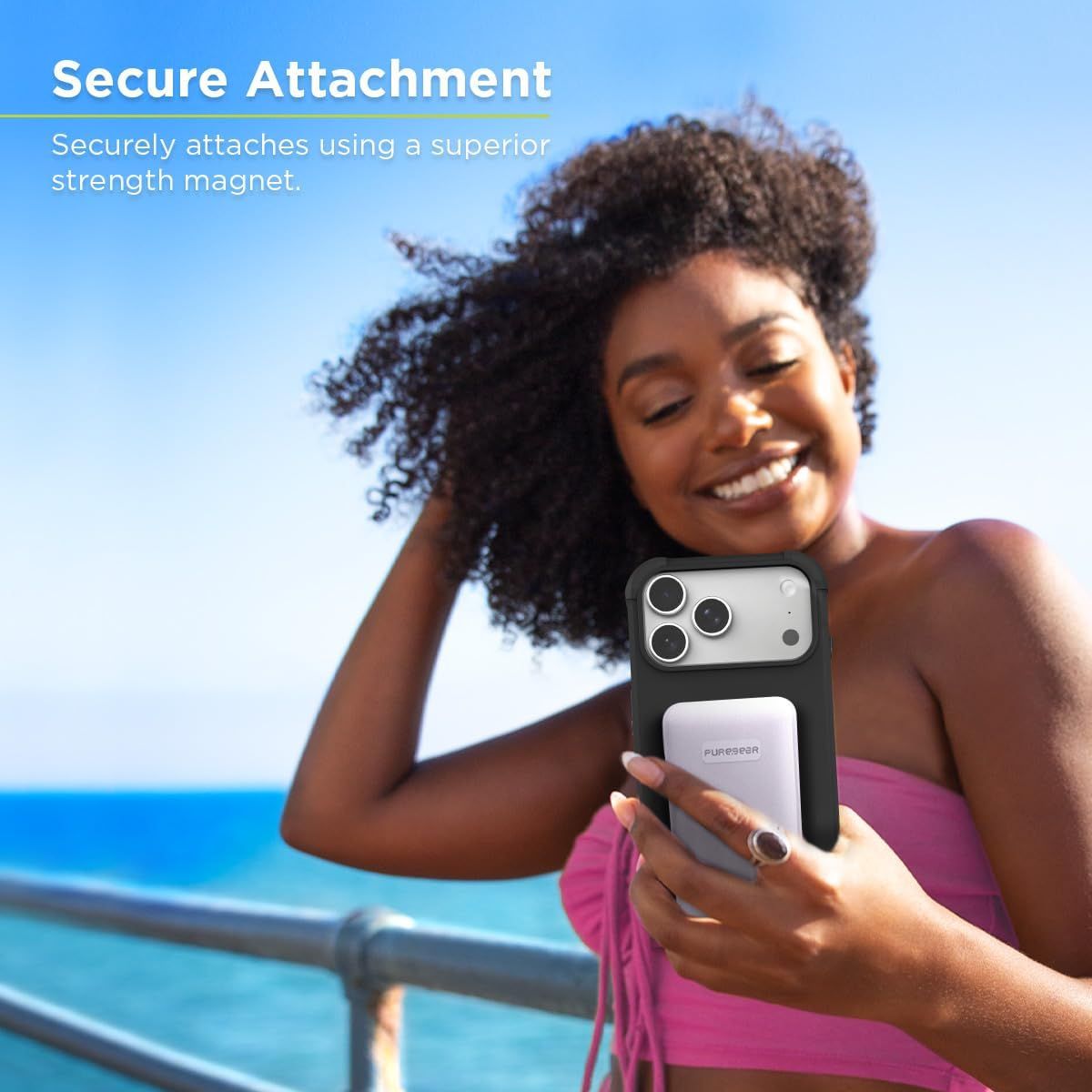 Communicates that the phone case or accessory securely attaches using a strong magnet, reassuring shoppers about reliability and ease of use.