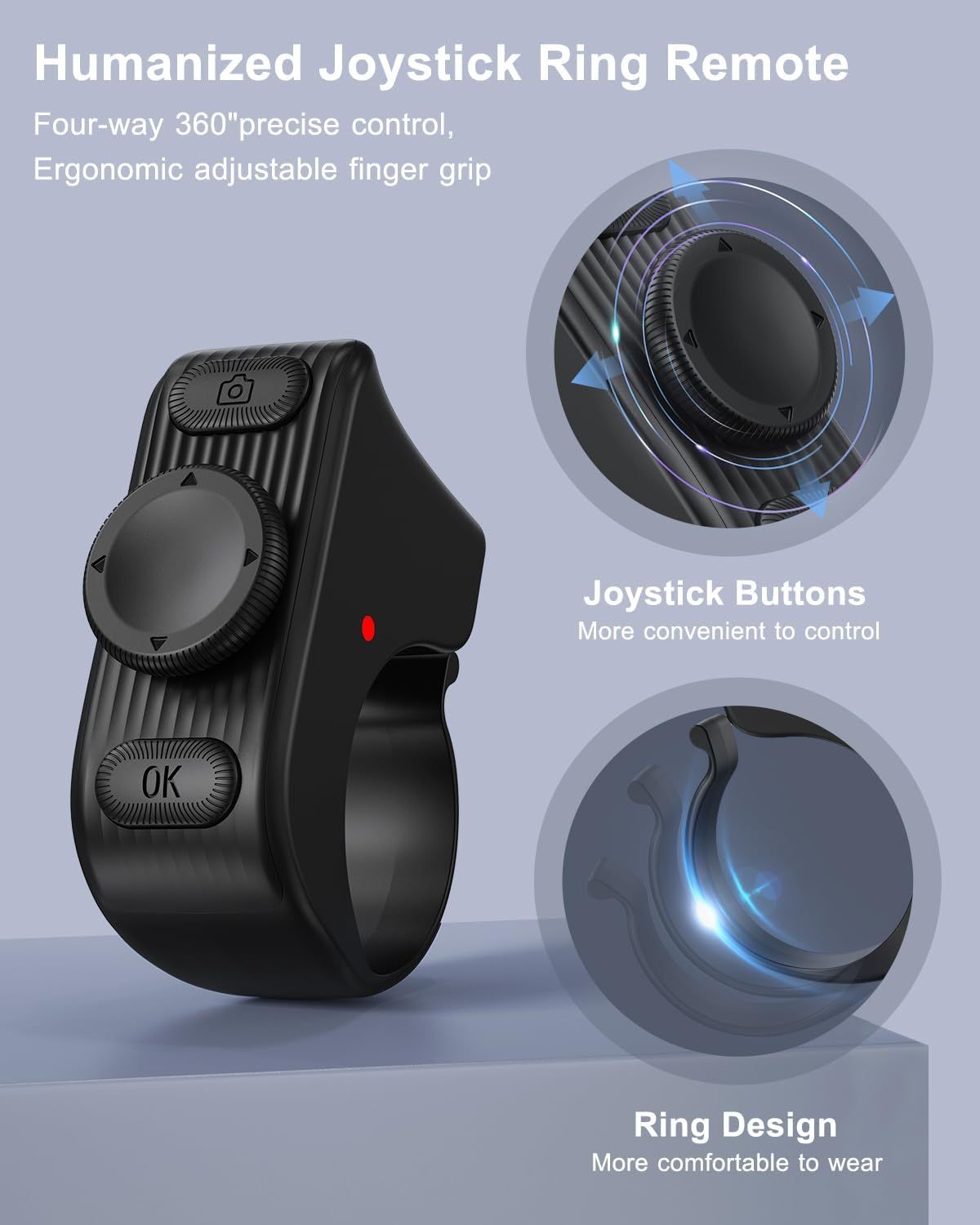 Breaks down the physical components and design features of the ring remote, highlighting the joystick control mechanism, button placement, and wearable ring…