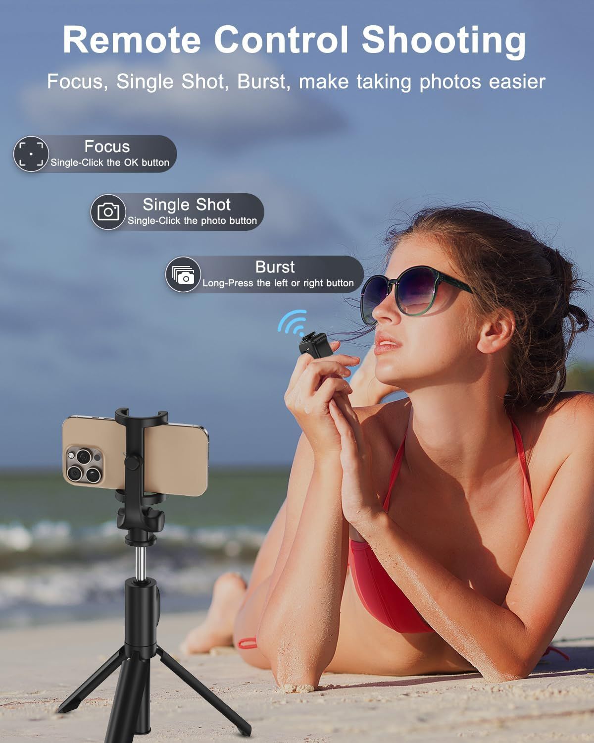 Explains how to use the remote control feature with three different shooting modes (Focus, Single Shot, Burst) to make taking photos easier and more convenient. Highlights three distinct remote…