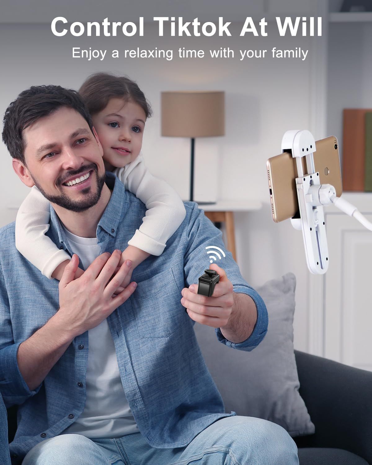 Demonstrates the product's wireless remote control capability, allowing users to control their phone/camera remotely for hands-free content creation and…
