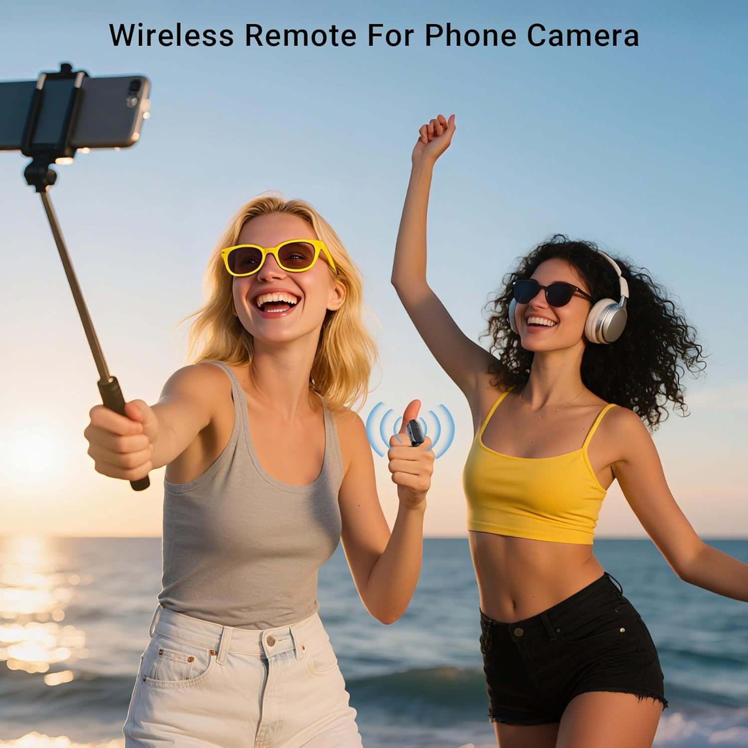 Demonstrates the wireless remote functionality for taking selfies with a phone camera, showing the convenience and ease of capturing photos from a distance.