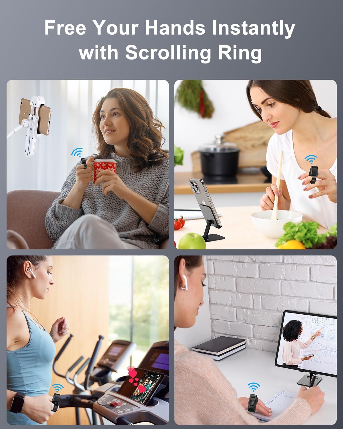 Demonstrates the versatility of the scrolling ring accessory by showing it can be used in multiple real-world scenarios: relaxing at home, cooking in the kitchen, exercising at the gym, and working…