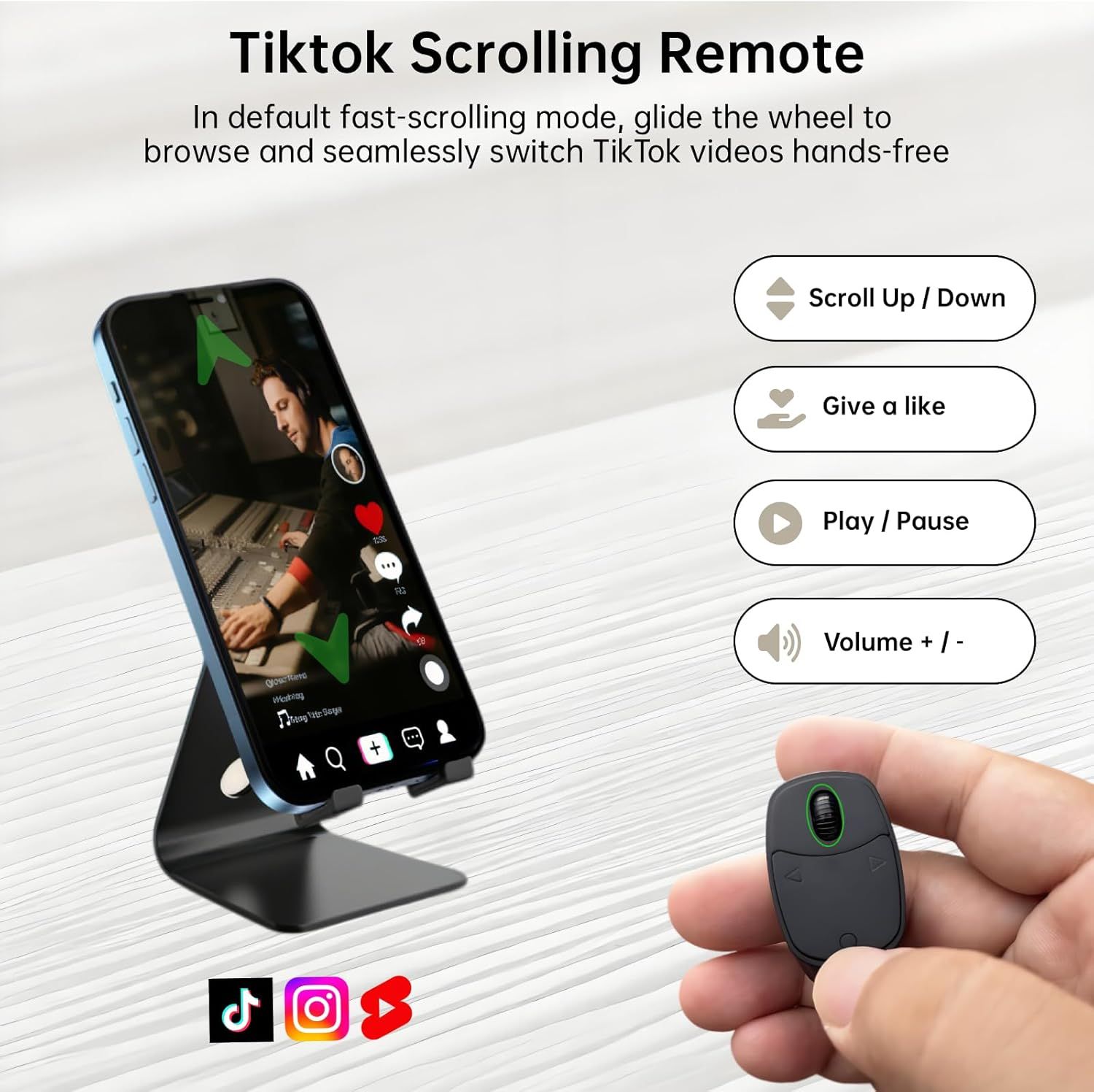 Demonstrates the multiple capabilities of the TikTok scrolling remote, showing shoppers how they can control various functions hands-free for a more…