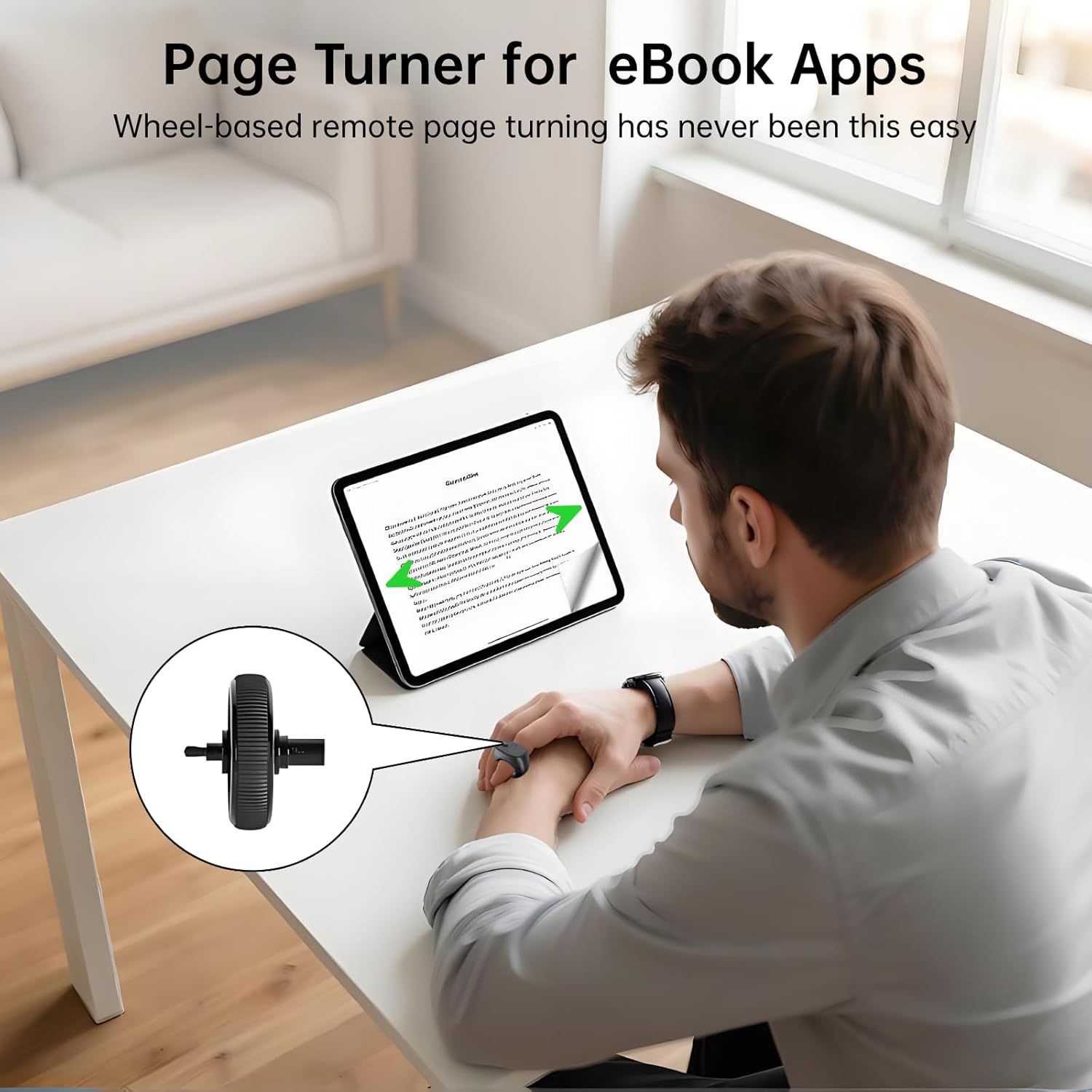 Demonstrates how the product enables easy page turning in eBook apps using a wheel-based remote control worn on the wrist, showing the user experience and interaction method. Highlights the ease of…