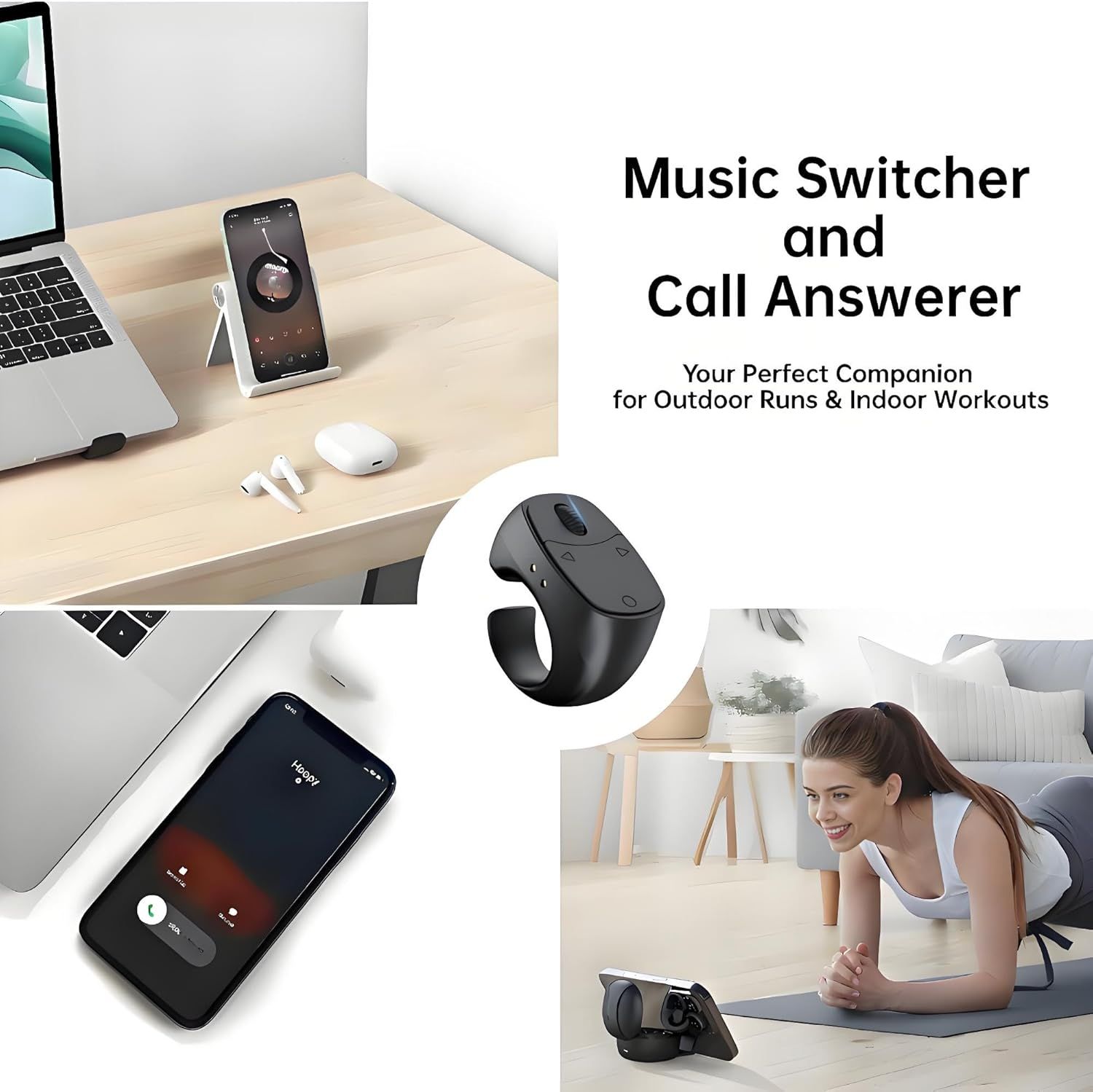 Demonstrates multiple use cases for the product, showing it can be used for managing music and calls during outdoor runs and indoor workouts, emphasizing its versatility as a workout companion.