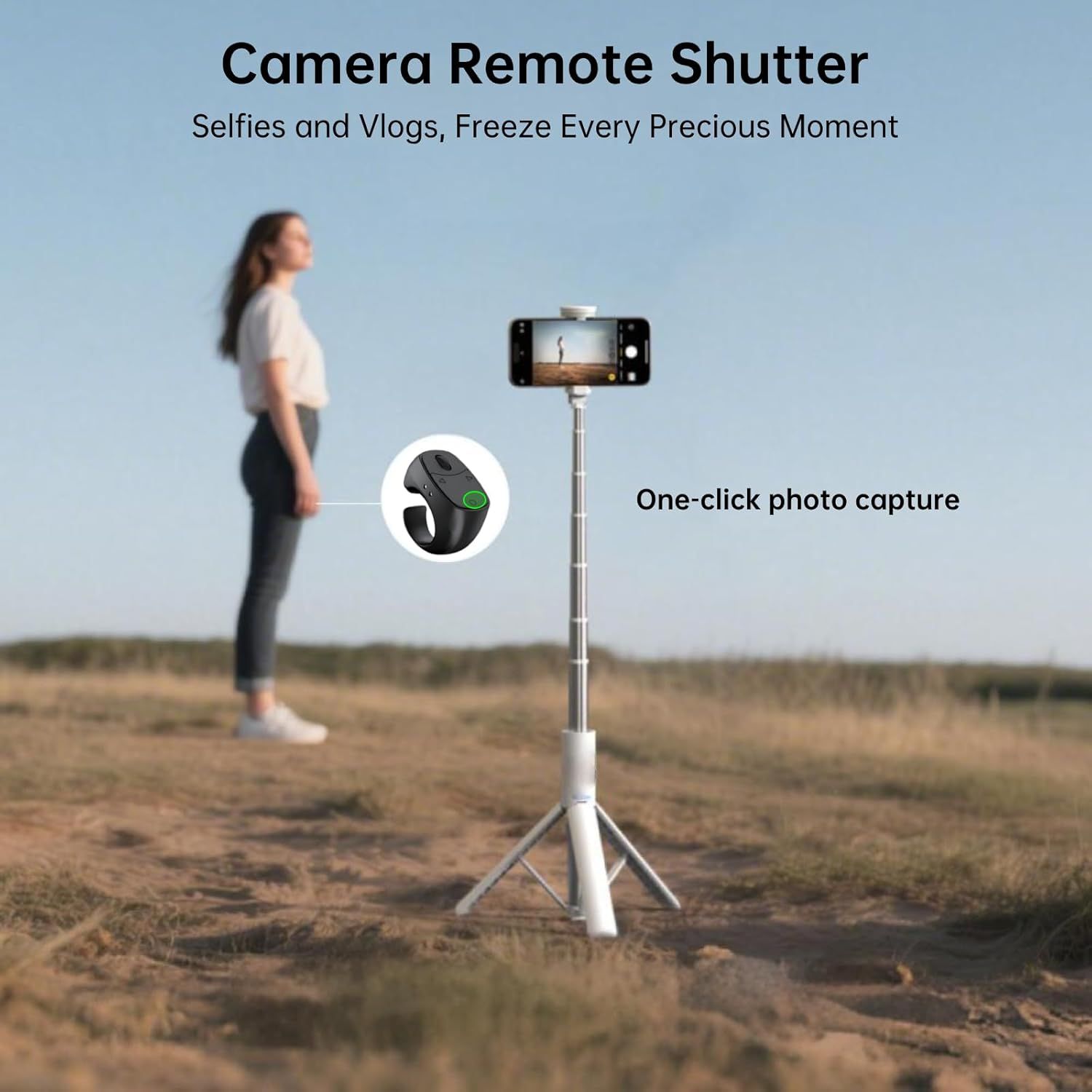 Demonstrates the remote shutter functionality that allows users to capture selfies and vlogs hands-free with one-click convenience, emphasizing ease of use…