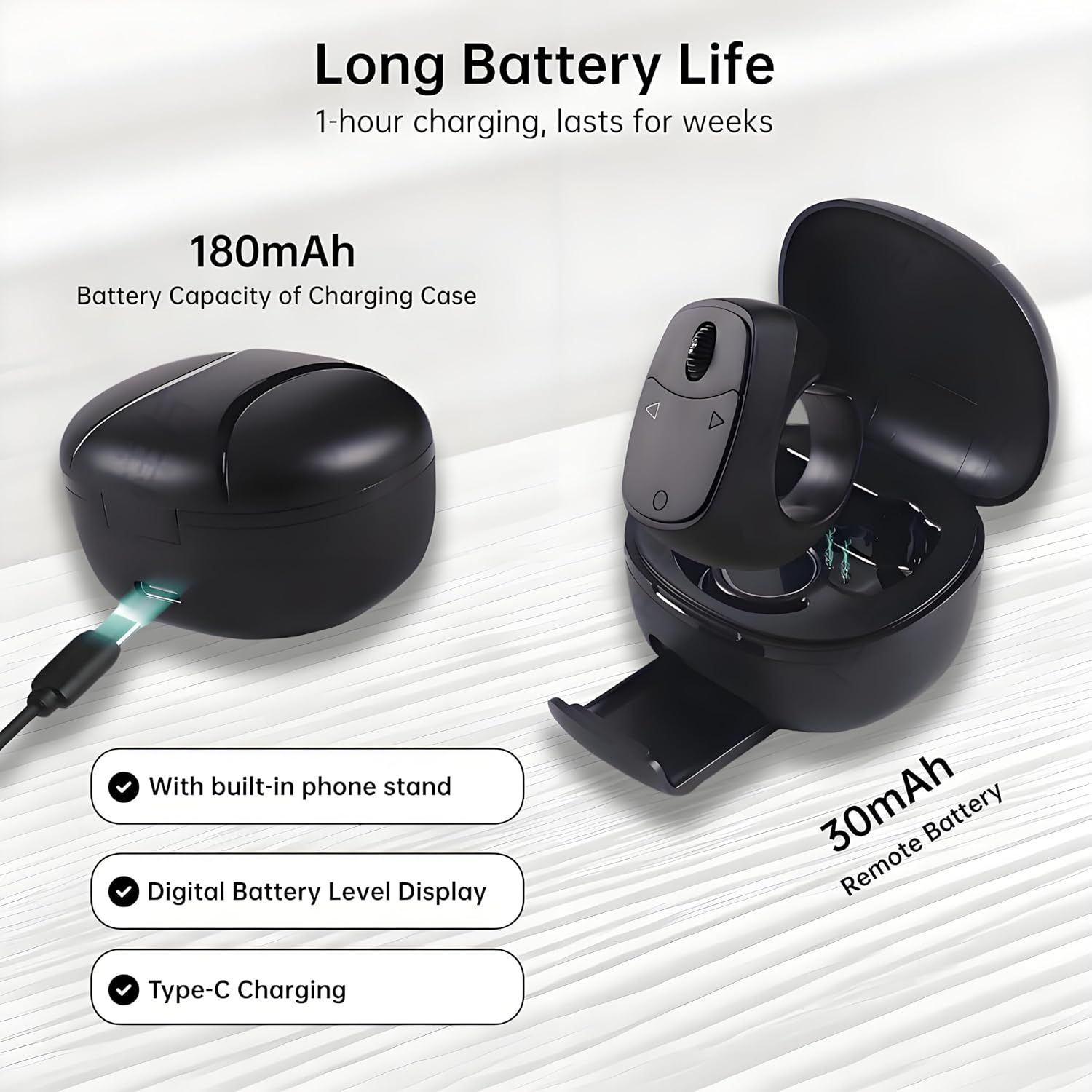 Communicates multiple key benefits of the wireless earbuds charging case, including extended battery life, convenience features, and charging capabilities to…