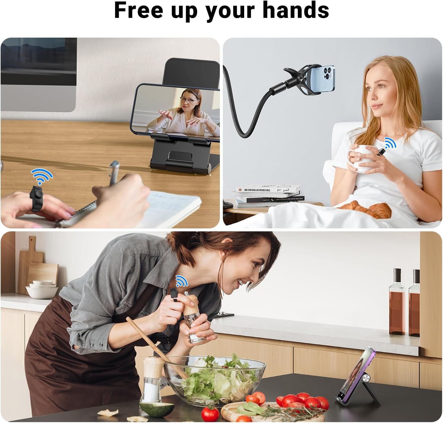 Demonstrates the product's versatility across multiple real-world scenarios (video calls, bedside viewing, cooking) to show shoppers how the hands-free phone holder can be used throughout their…