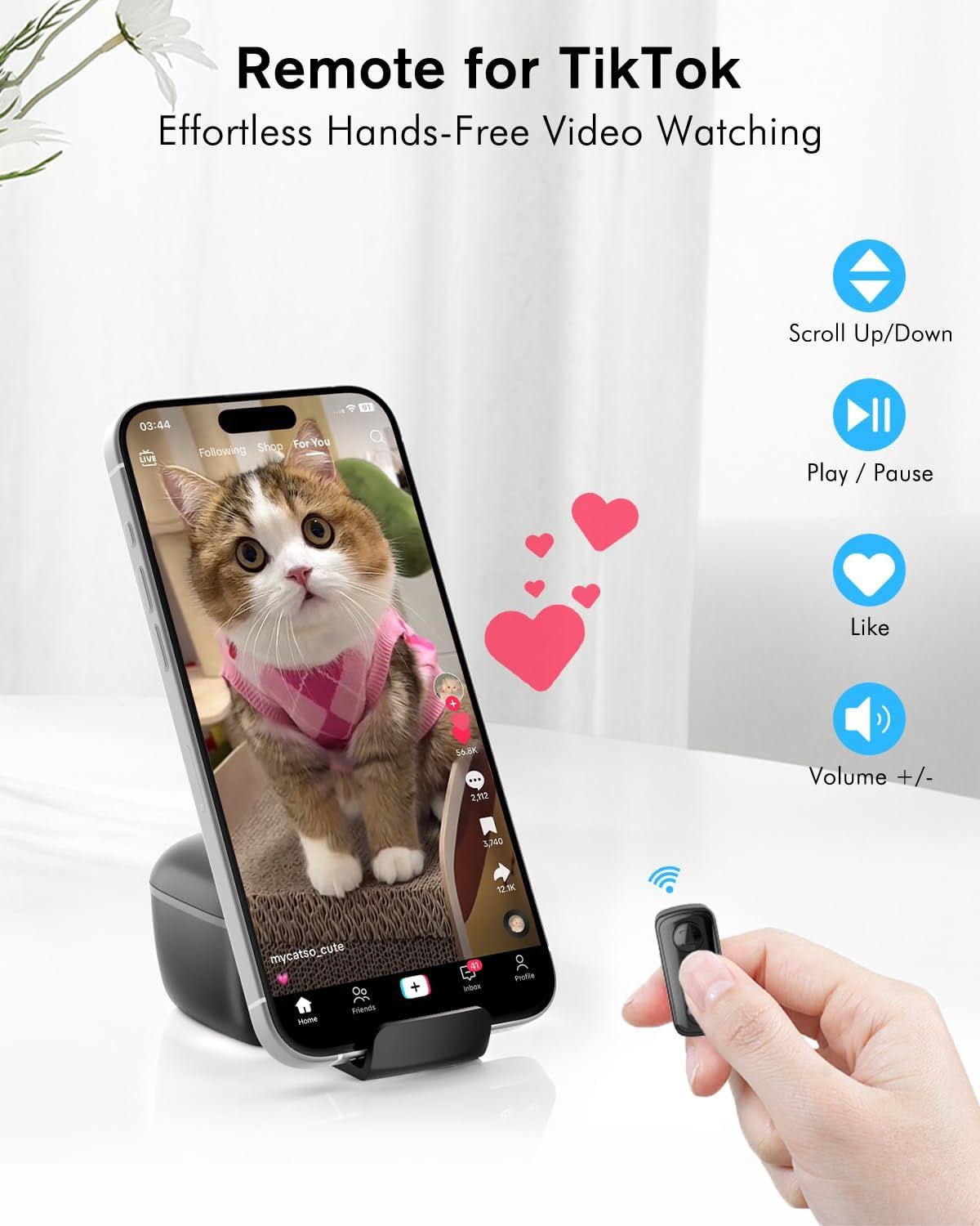 Demonstrates the multiple remote control functions available for hands-free TikTok video watching, highlighting convenience and ease of use across several…