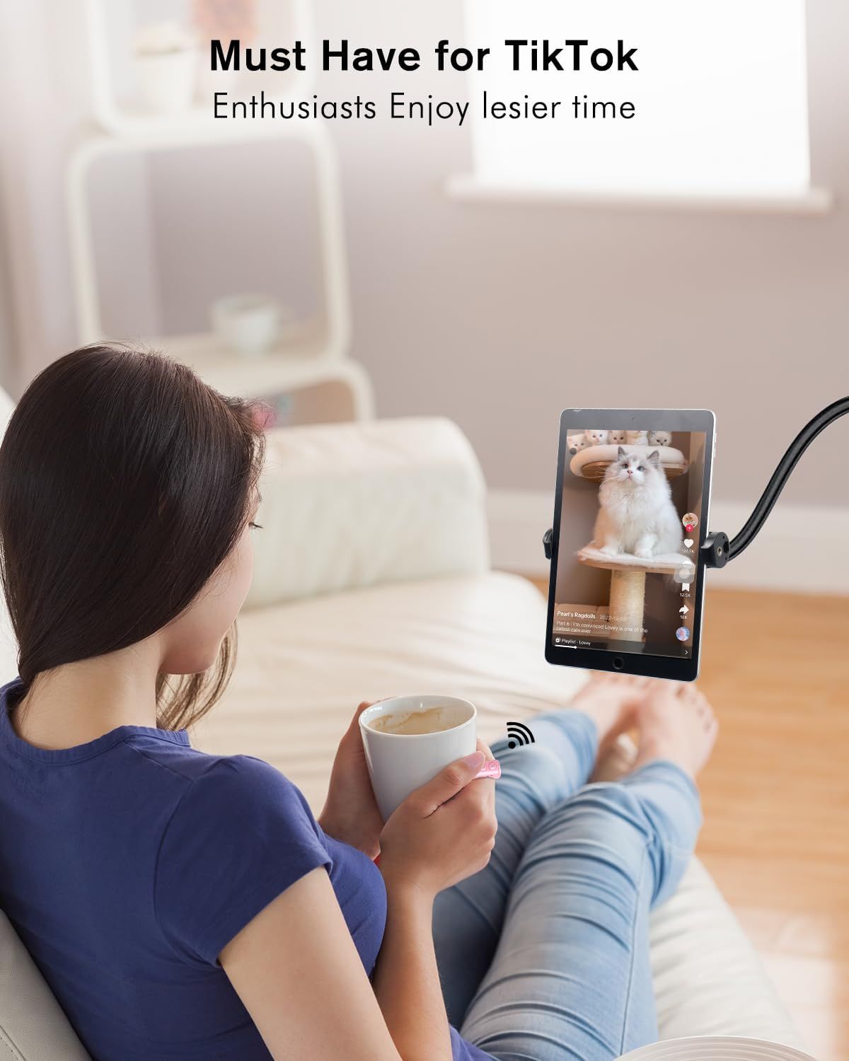 Demonstrates the product's use case for TikTok enthusiasts, showing how the tablet holder enables hands-free, comfortable viewing and content creation at home. Shows the product in a real-world…