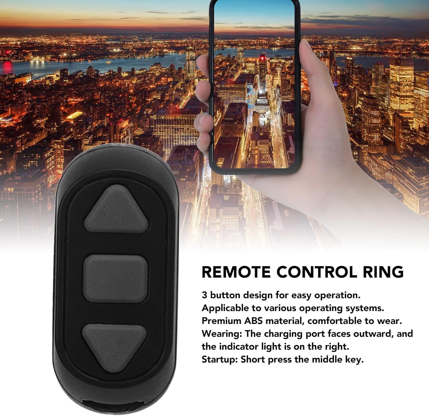 Communicates multiple distinct benefits and features of the remote control ring, including ease of operation, compatibility, material quality, and usage…