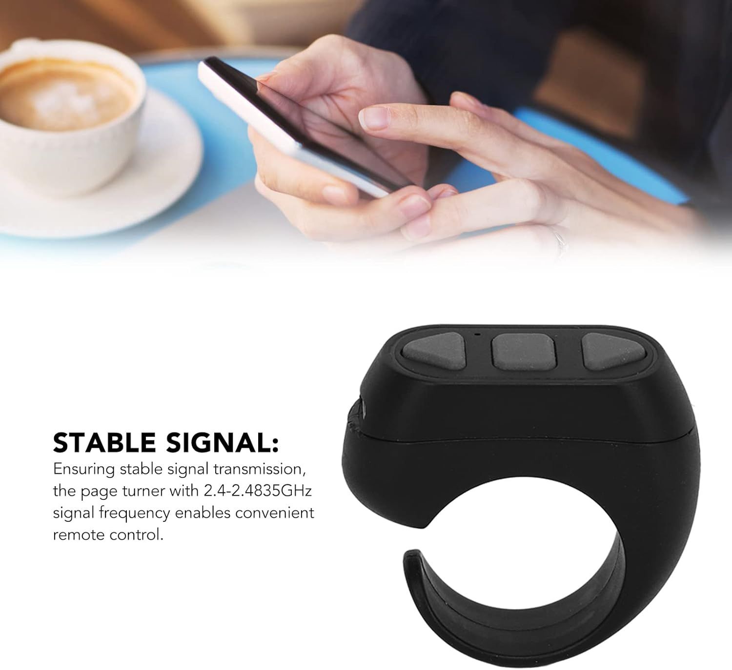 Communicates that the page turner device provides reliable wireless connectivity with 2.4-2.4835GHz signal frequency for convenient remote control.