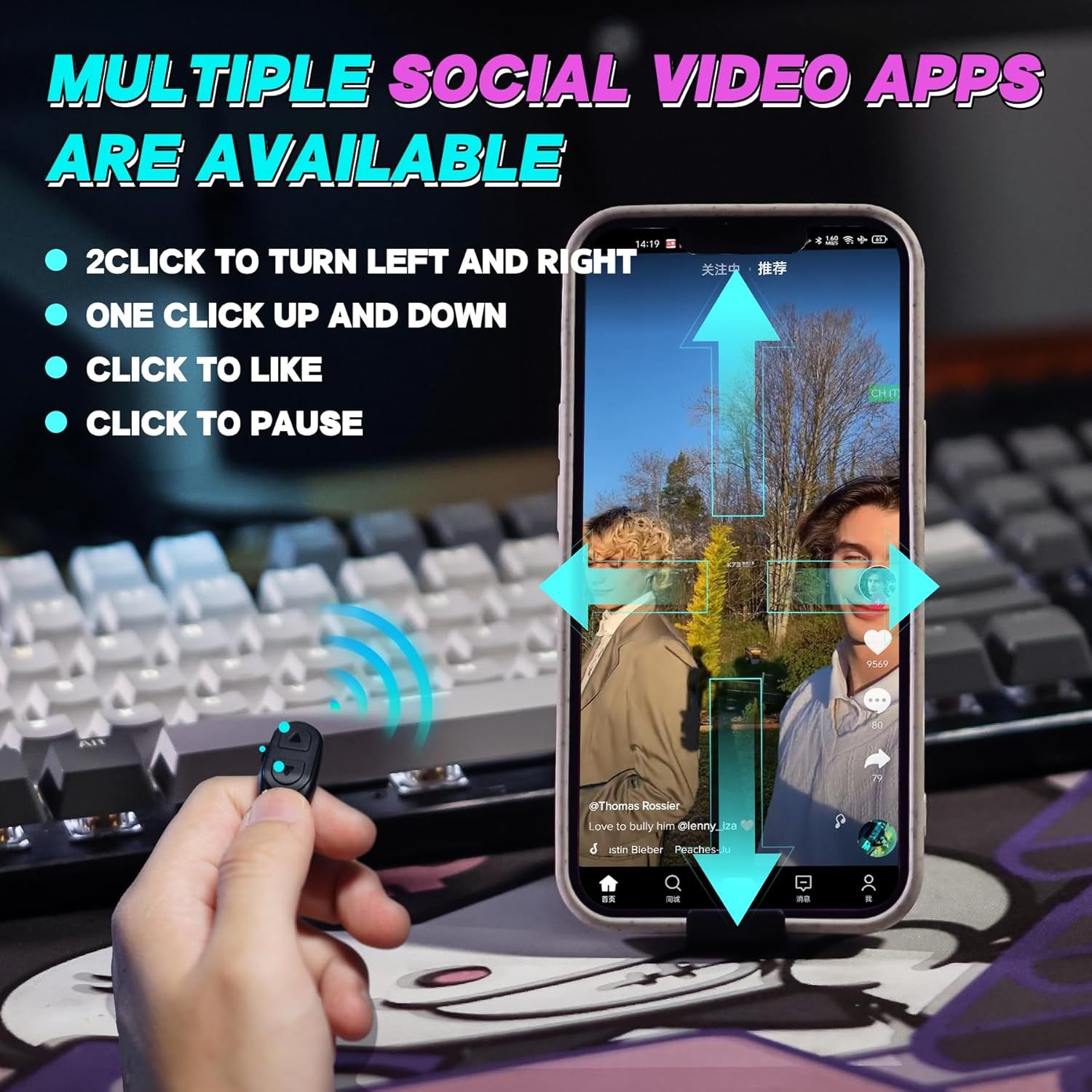 Demonstrates how to use a wireless remote control to navigate and interact with social video apps on a phone, showing the ease of hands-free operation. Highlights multiple control features available…