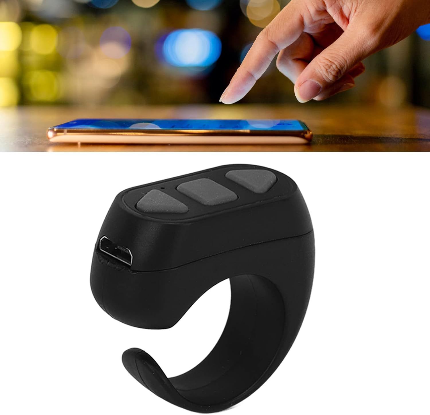 Demonstrates how the ring-style controller is worn and used to control a smartphone or device, showing the ease of hands-free interaction. Highlights the convenience of hands-free device control…