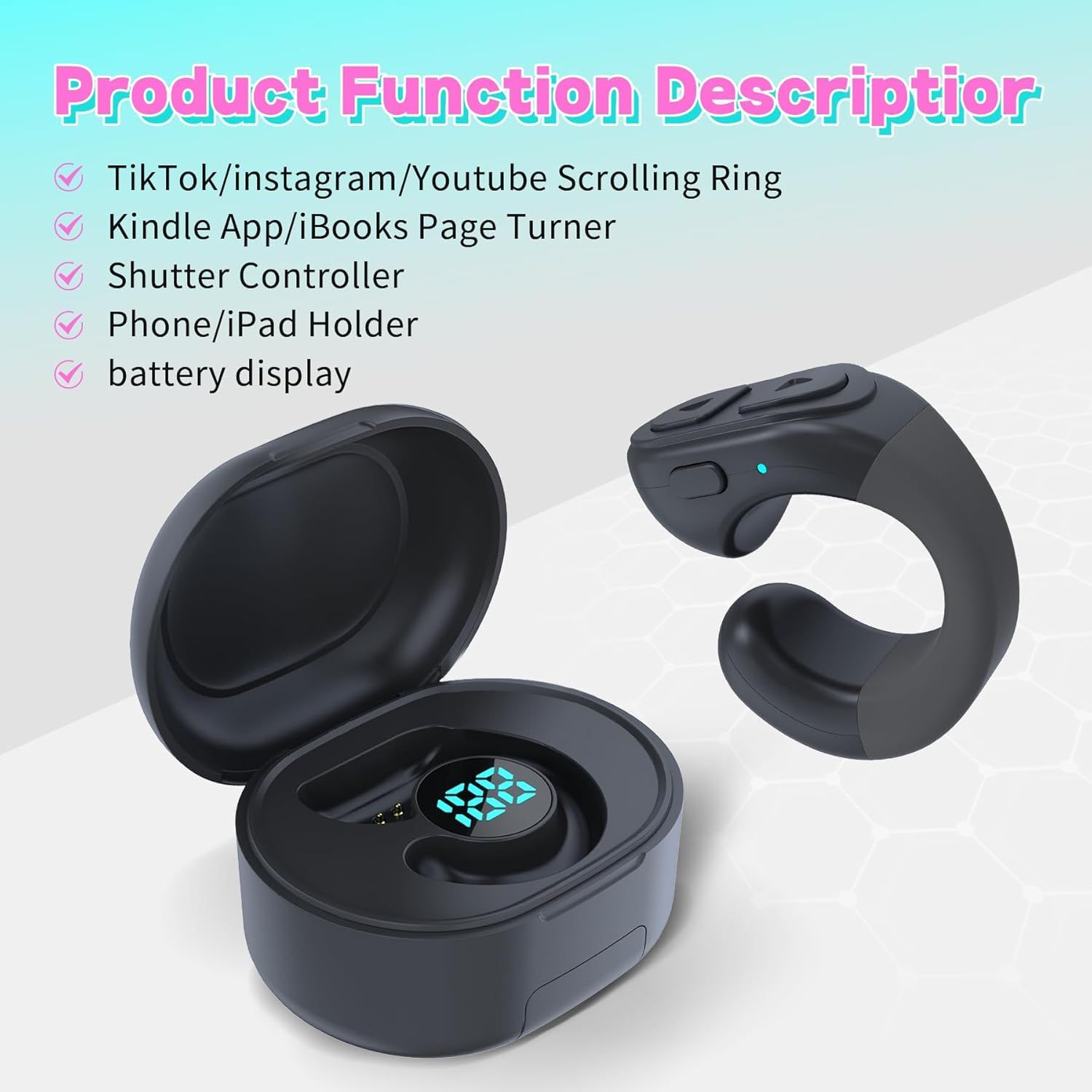Communicates the multiple functions and versatility of this wearable ring device, showing shoppers it can serve as a scrolling controller, page turner,…