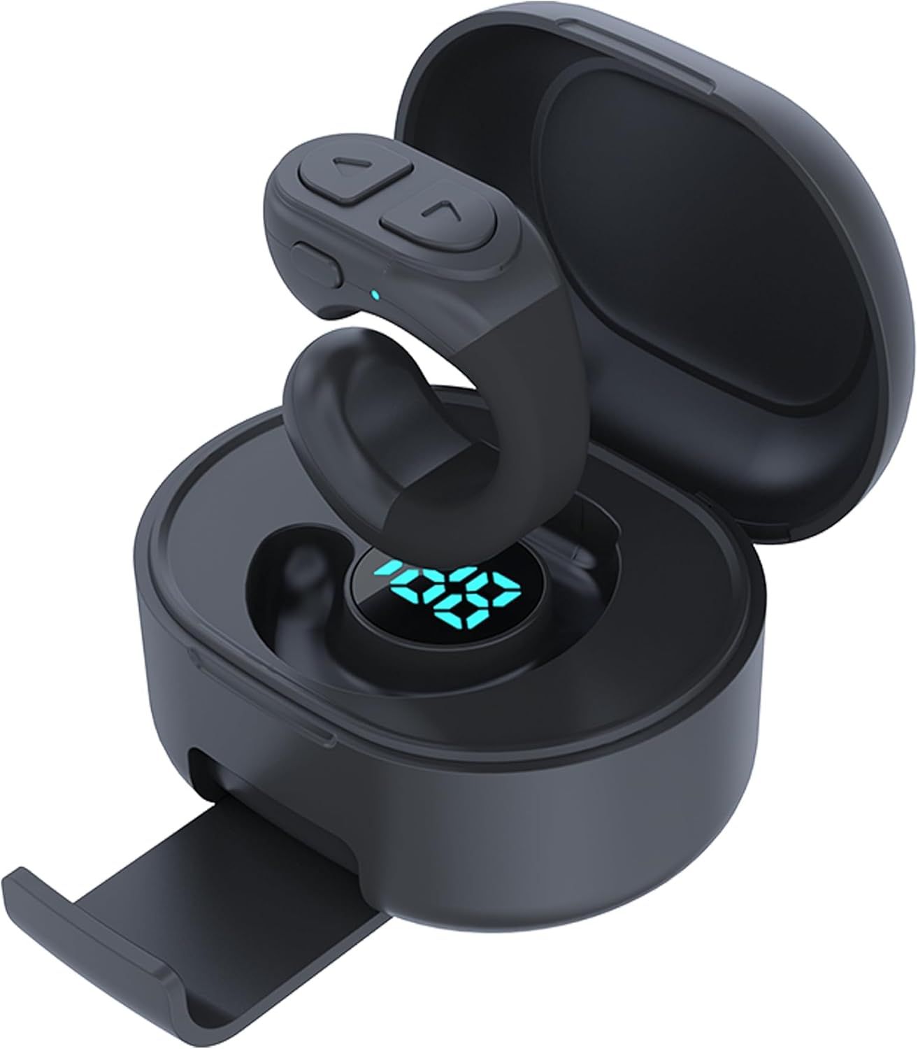 Shows everything included in the package: the wireless earbuds, charging case with battery percentage display, and bonus phone stand accessory to demonstrate the complete value of the purchase.