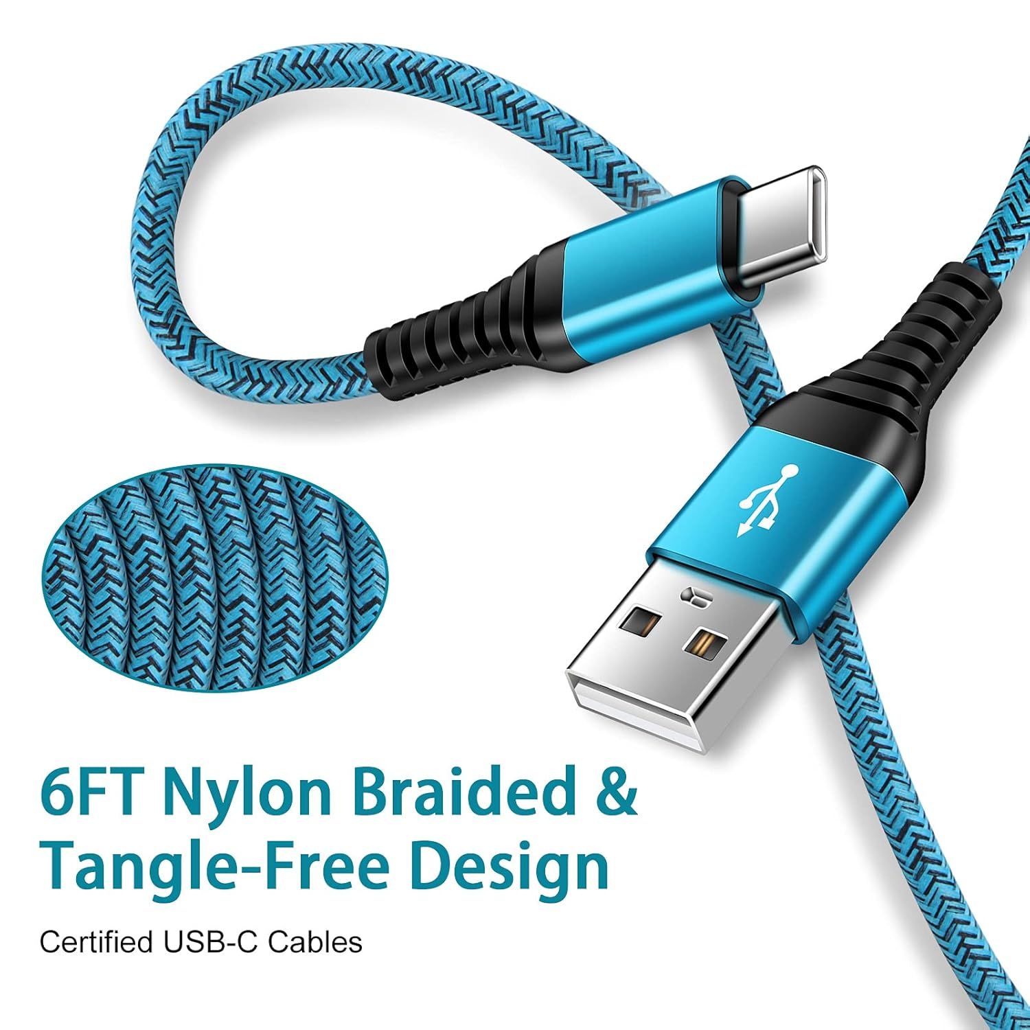 Communicates multiple product benefits including the durable nylon braided material, tangle-free design, and 6-foot cable length to reassure shoppers of…