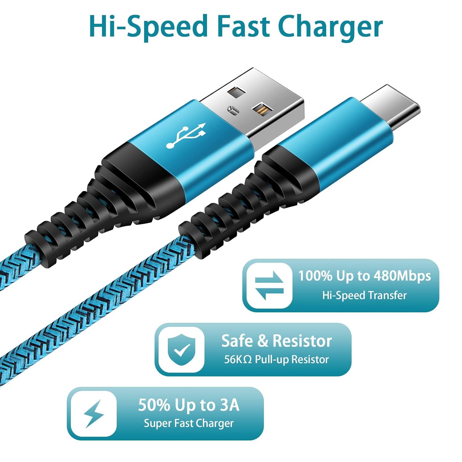 Communicates multiple key benefits of the charging cable including high-speed data transfer, safety features, and fast charging capability to reassure…
