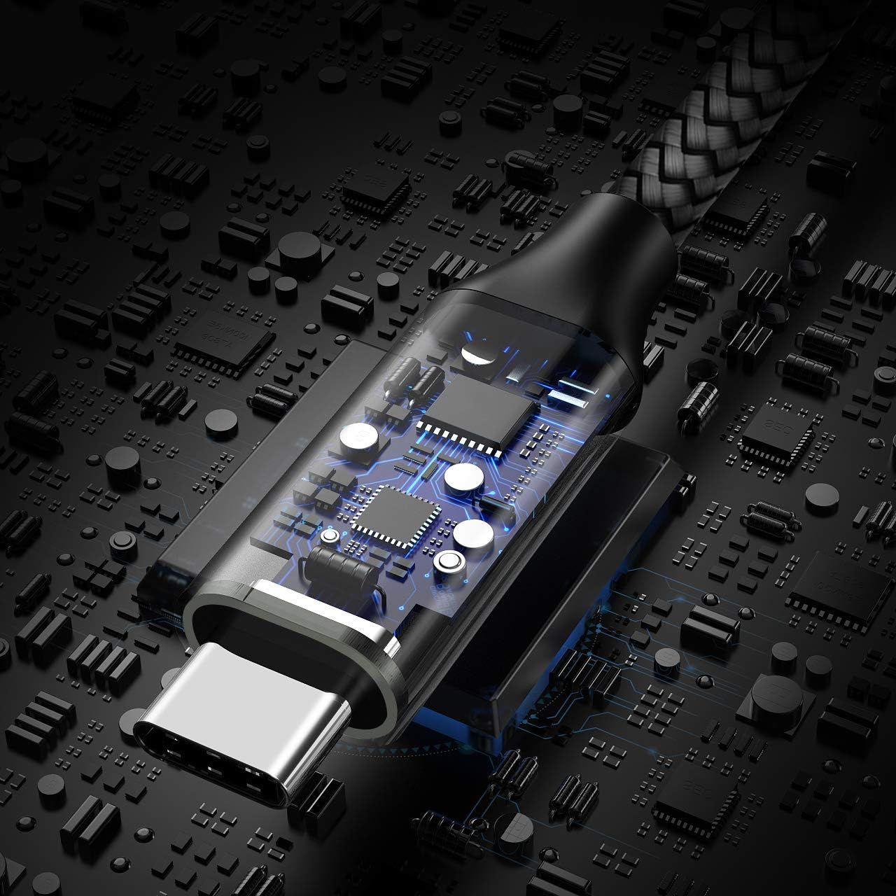 Showcases the sophisticated internal components and advanced chip technology inside the cable or adapter to communicate quality, engineering excellence, and…