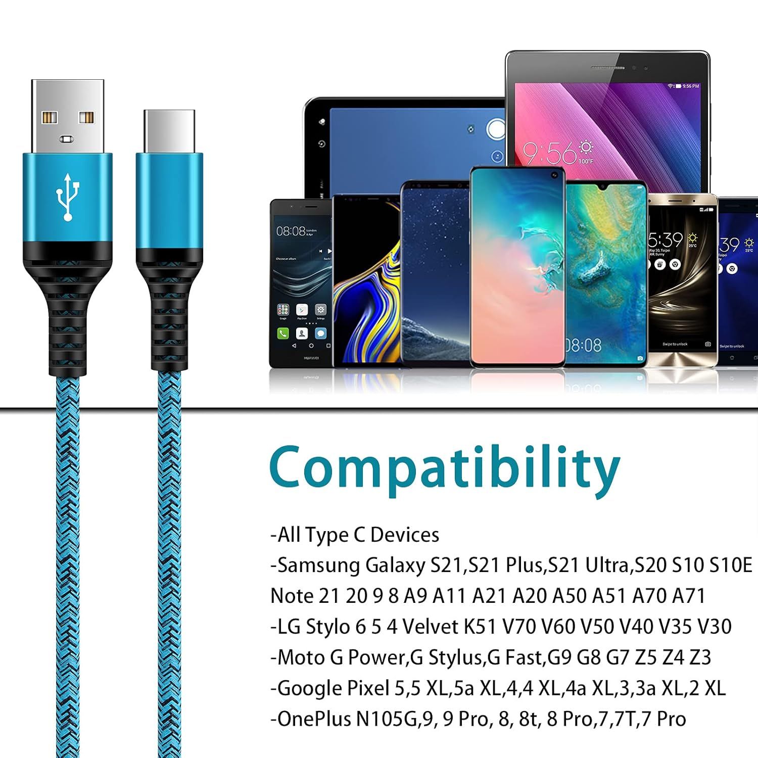 Demonstrates the wide range of Type C devices and phone models that the charging cable is compatible with, reassuring shoppers that it will work with their…